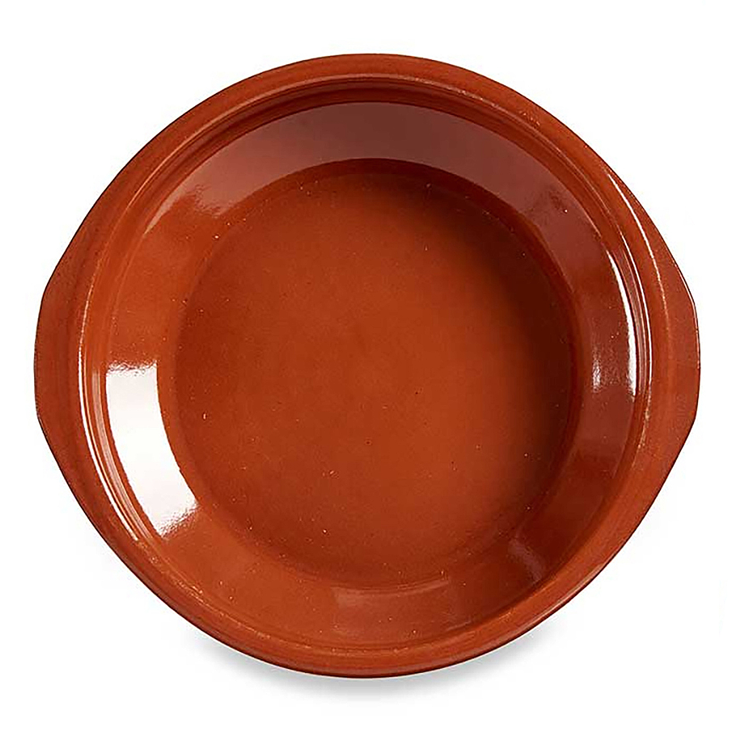 Piatto rotondo in ceramica color terracotta con due piccole maniglie.
