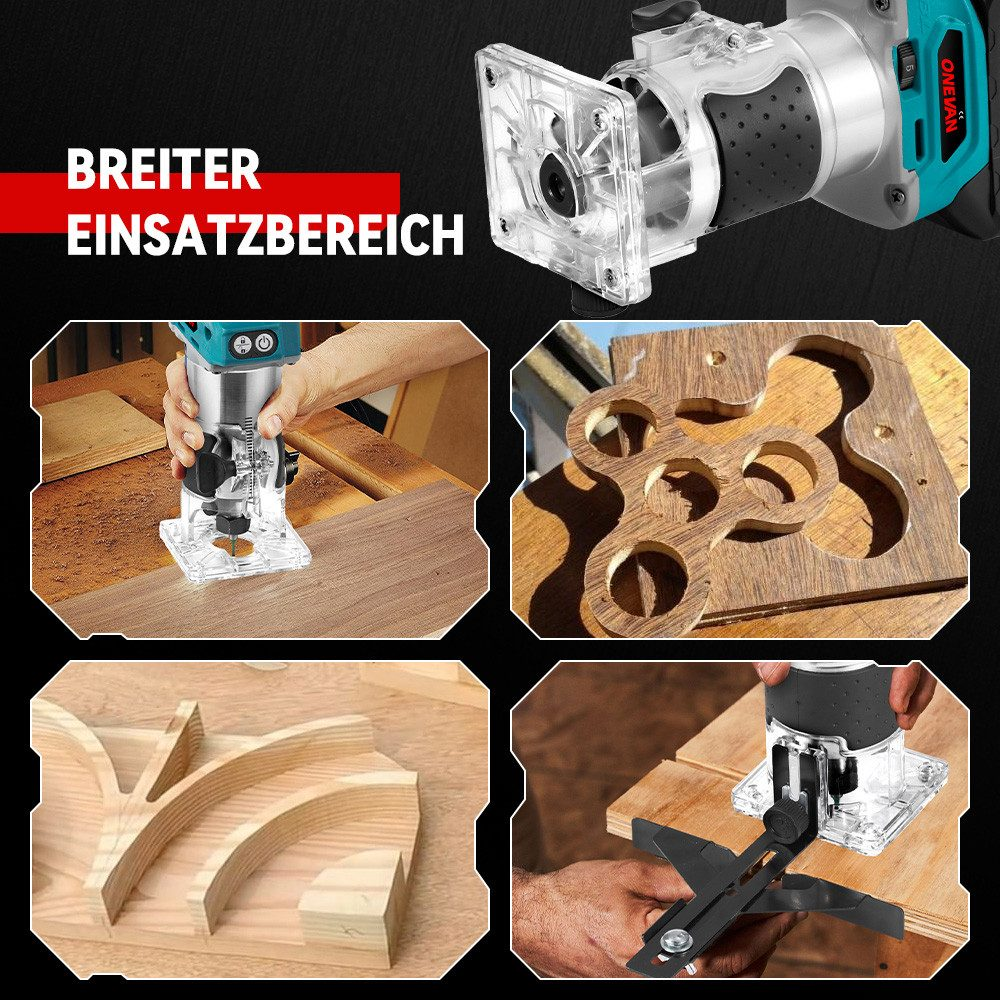 Eine Holzfräse, die Holz schneidet. Das Bild zeigt Nahaufnahmen des Werkzeugs in Aktion und das fertige Produkt.