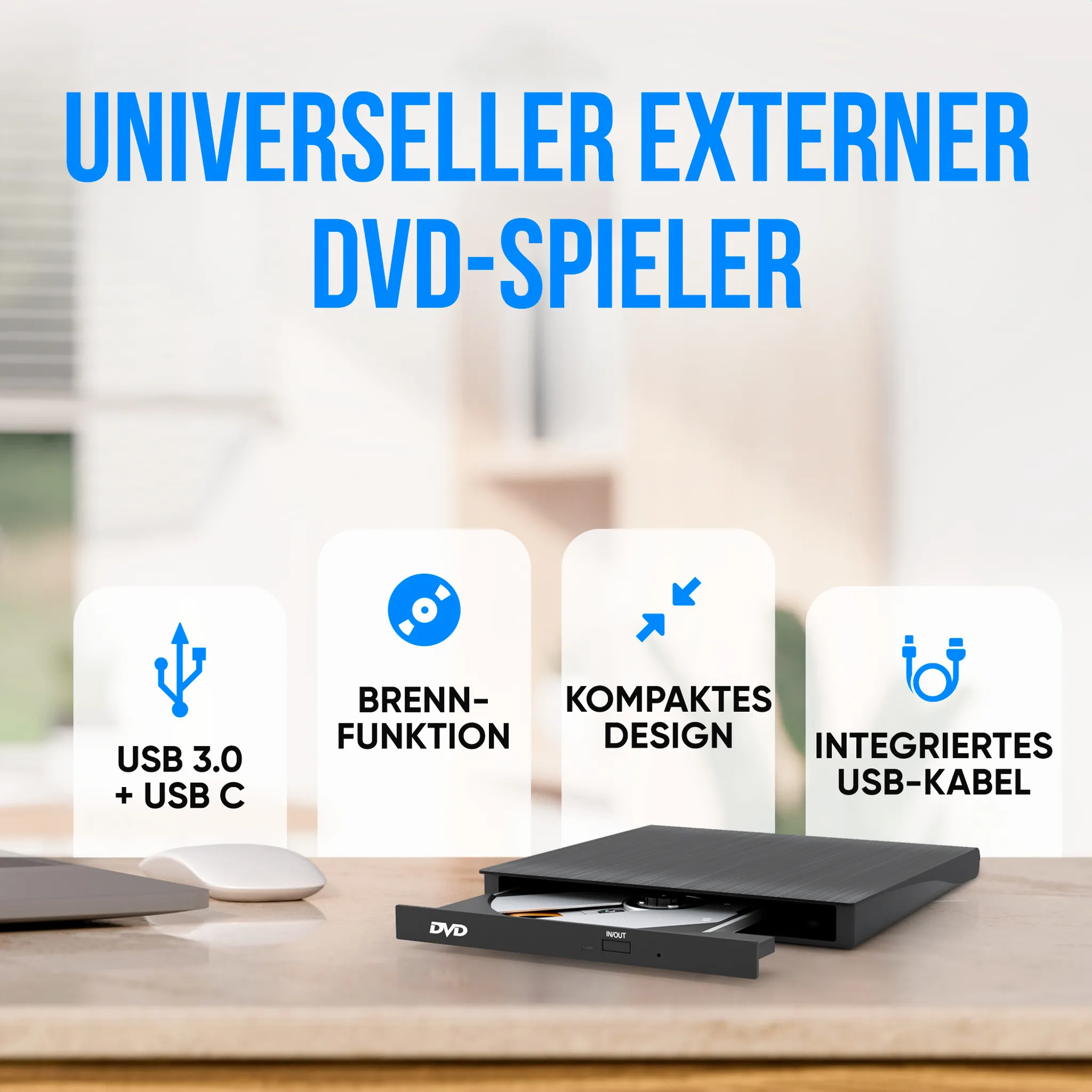 Externer DVD-Player mit USB und DVD-Funktionen.
