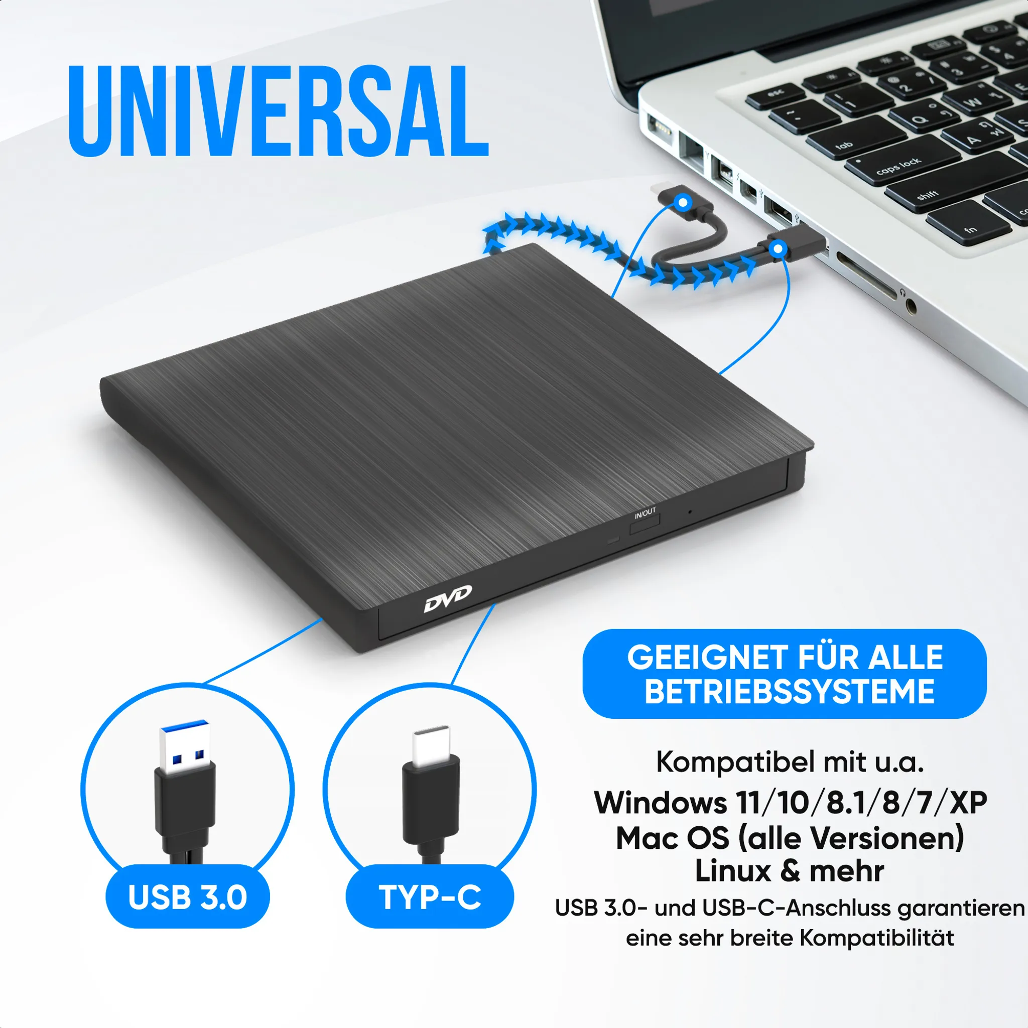 Ein schwarzes externes DVD-Laufwerk mit USB 3.0 und Typ-C-Anschlüssen ist an einen Laptop angeschlossen.