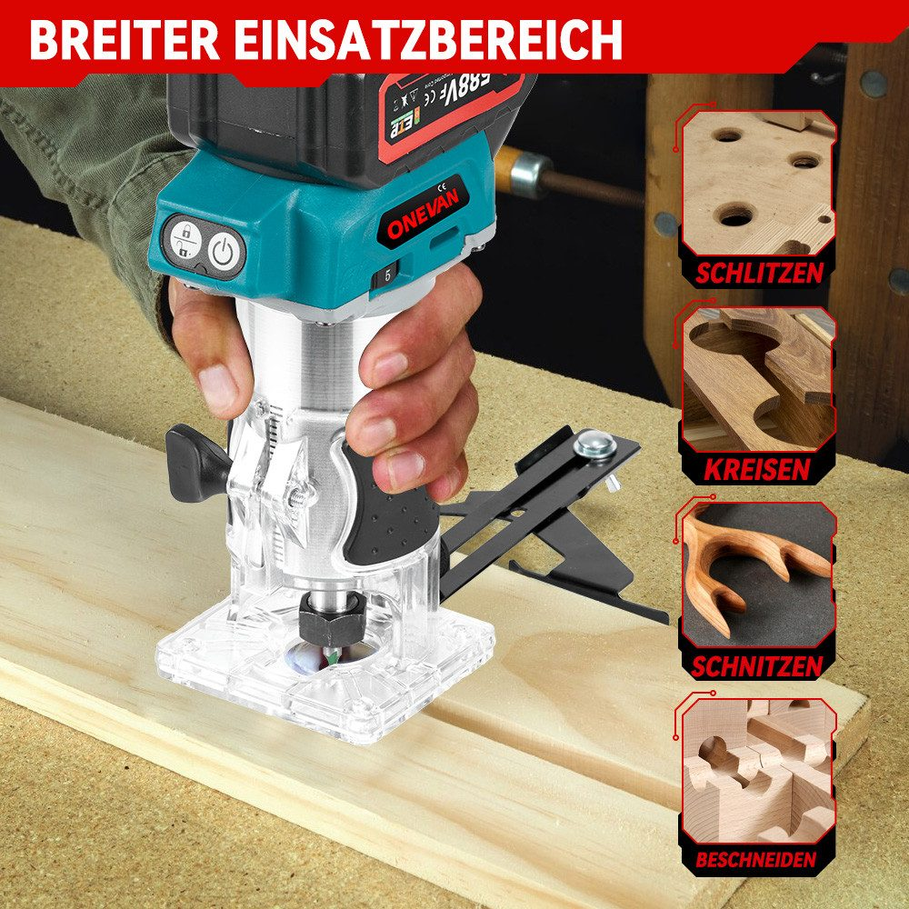Eine Hand hält einen türkis-schwarzen Router. Beispielprojekte: Schlitze, Kreise, Schnitzen, Beschneiden.