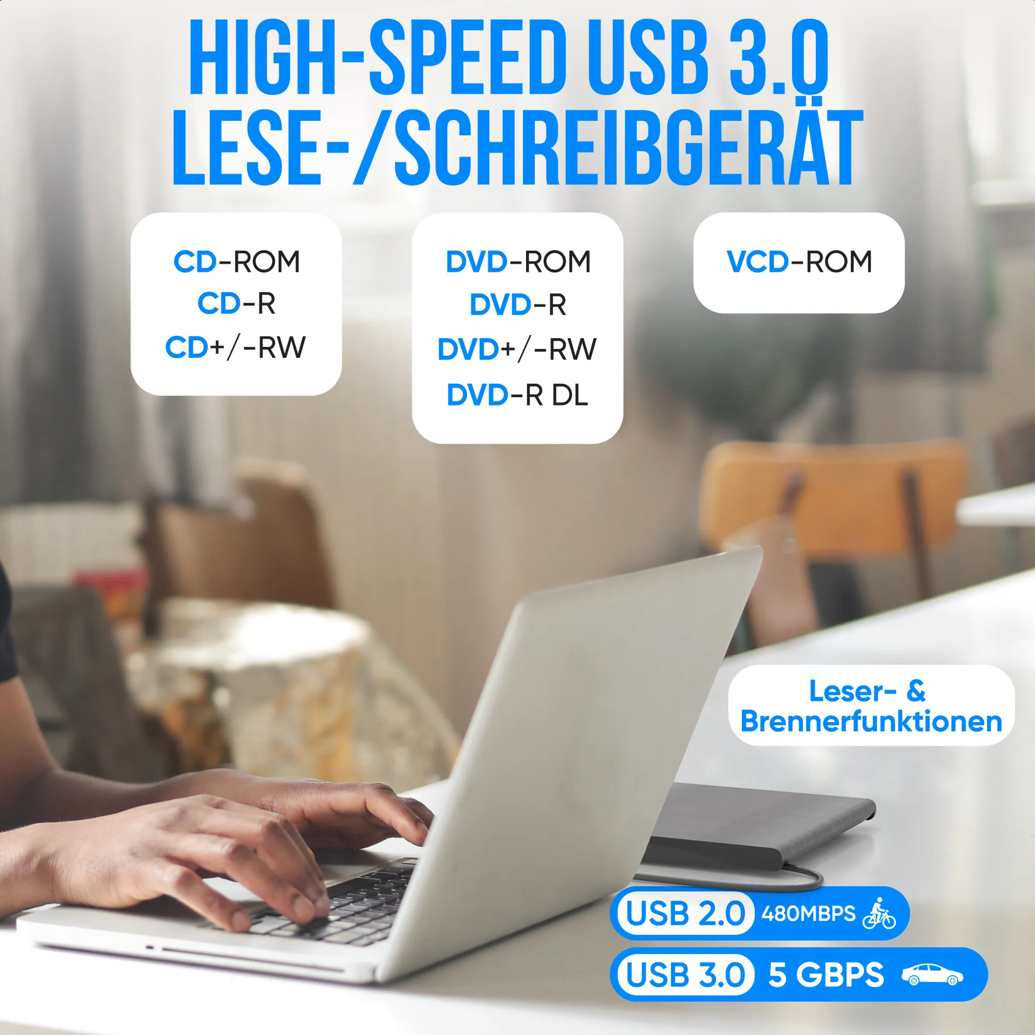 Person benutzt Laptop. Text zeigt USB 3.0-Funktionen.