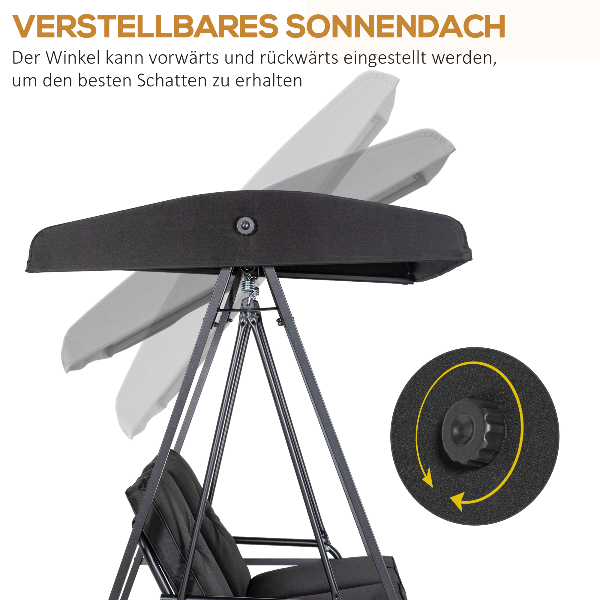 Schwarze Schaukel mit verstellbarem Sonnendach. Winkel verstellbar.