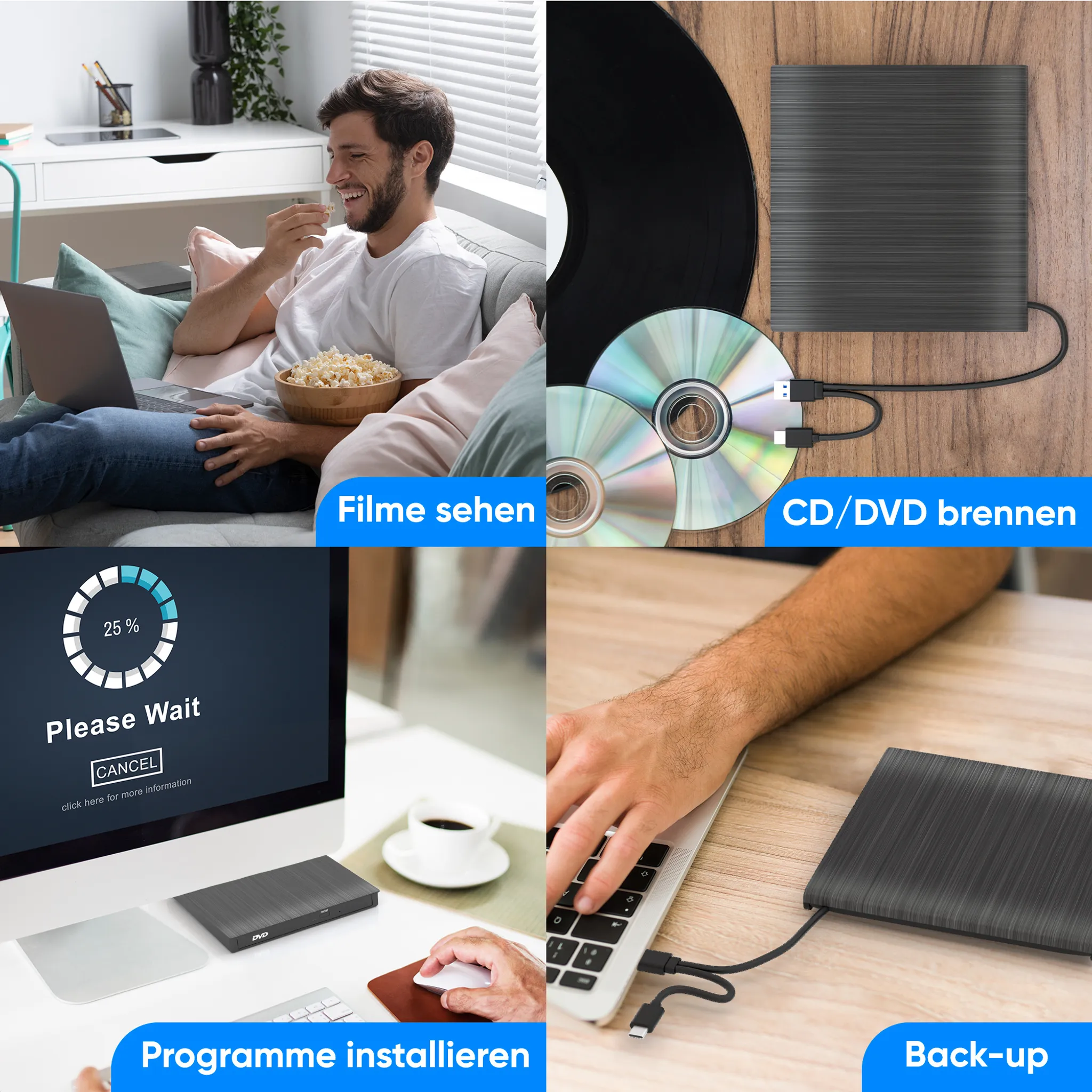 Geteiltes Bild zeigt verschiedene Verwendungen eines DVD-Laufwerks: Filme schauen, Brennen usw.