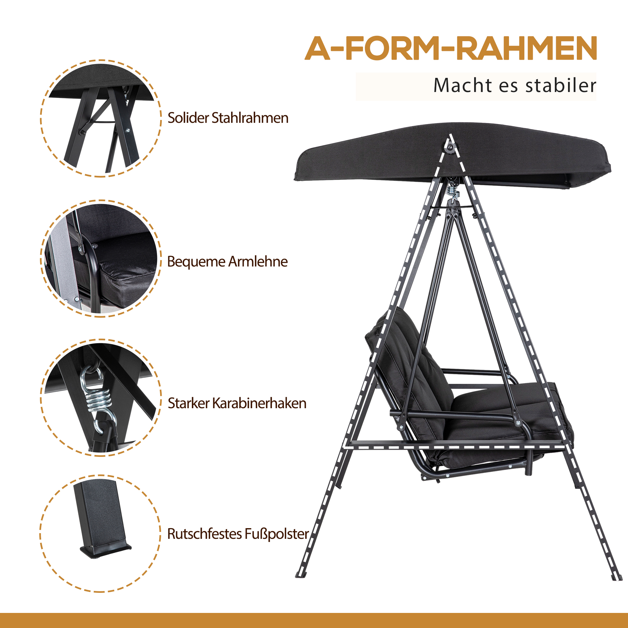 Schaukel mit schwarzem Baldachin und Rahmen, detaillierten Diagrammen und einem schwarzen Kissensitz.