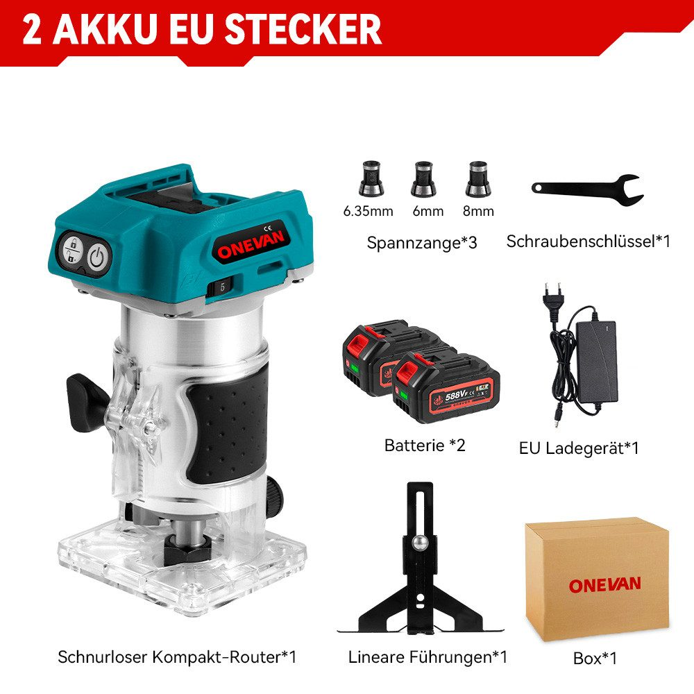 Kabelloser Kompakt-Router mit Zubehör, Akkus und Ladegerät, alles auf weißem Hintergrund.