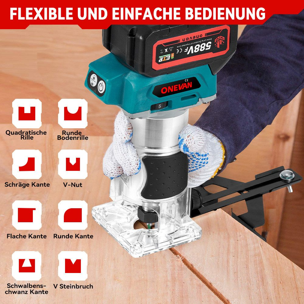 Ein türkisfarbener Handrouter mit verschiedenen Bit-Optionen. Er steht auf einer Holzoberfläche.