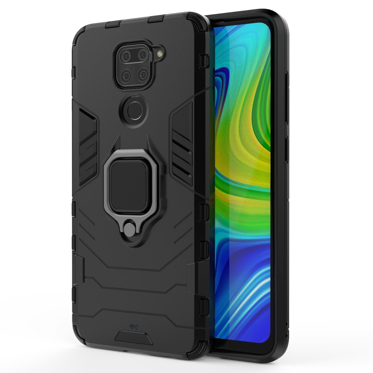 Funda de teléfono negra con anillo y teléfono dentro, mostrando una pantalla.