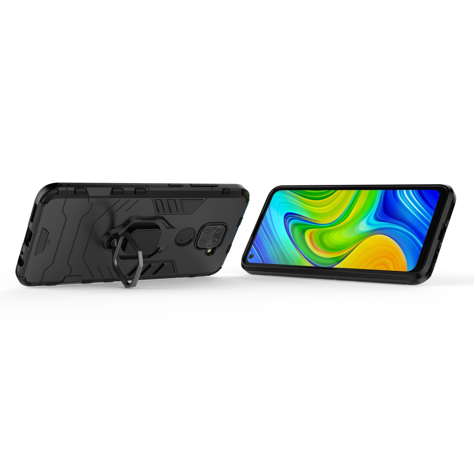 Dos fundas negras para teléfono: una con anillo, la otra con pantalla que muestra una imagen colorida.