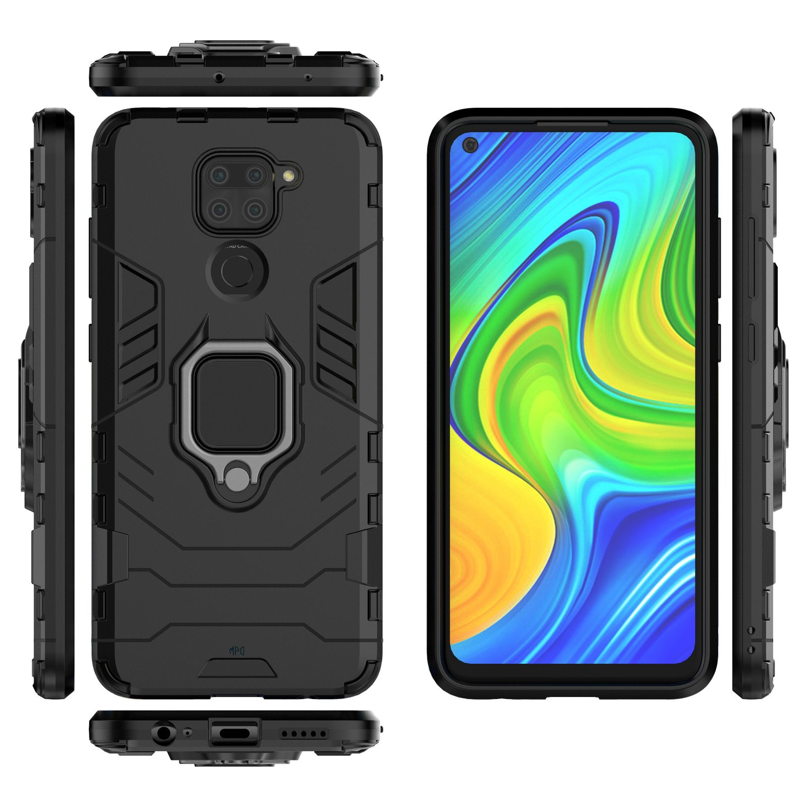 Fundas negras con soportes de anillo. Teléfonos muestran pantallas con imagen colorida.