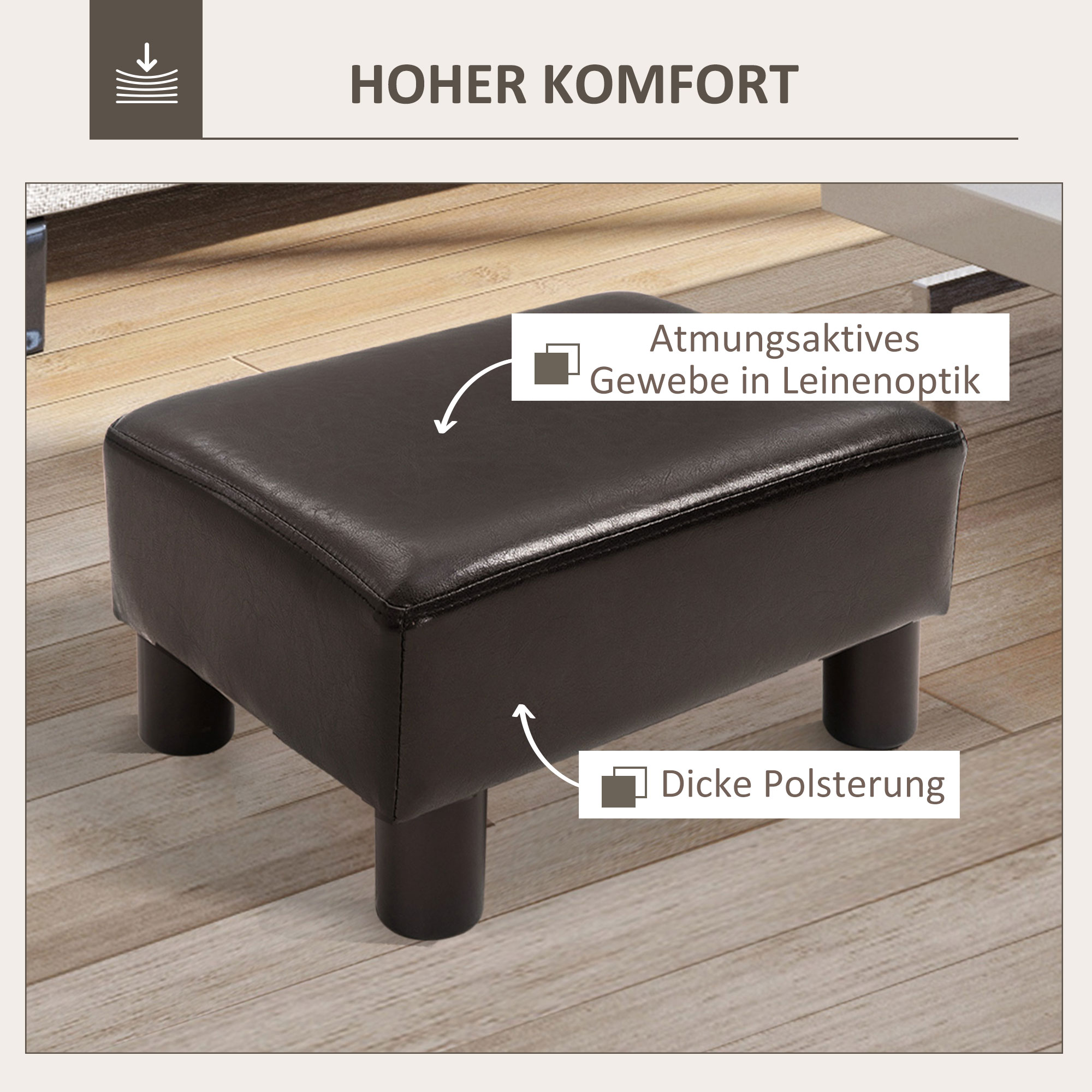 Brauner Lederhocker mit Etiketten, auf Holzboden.