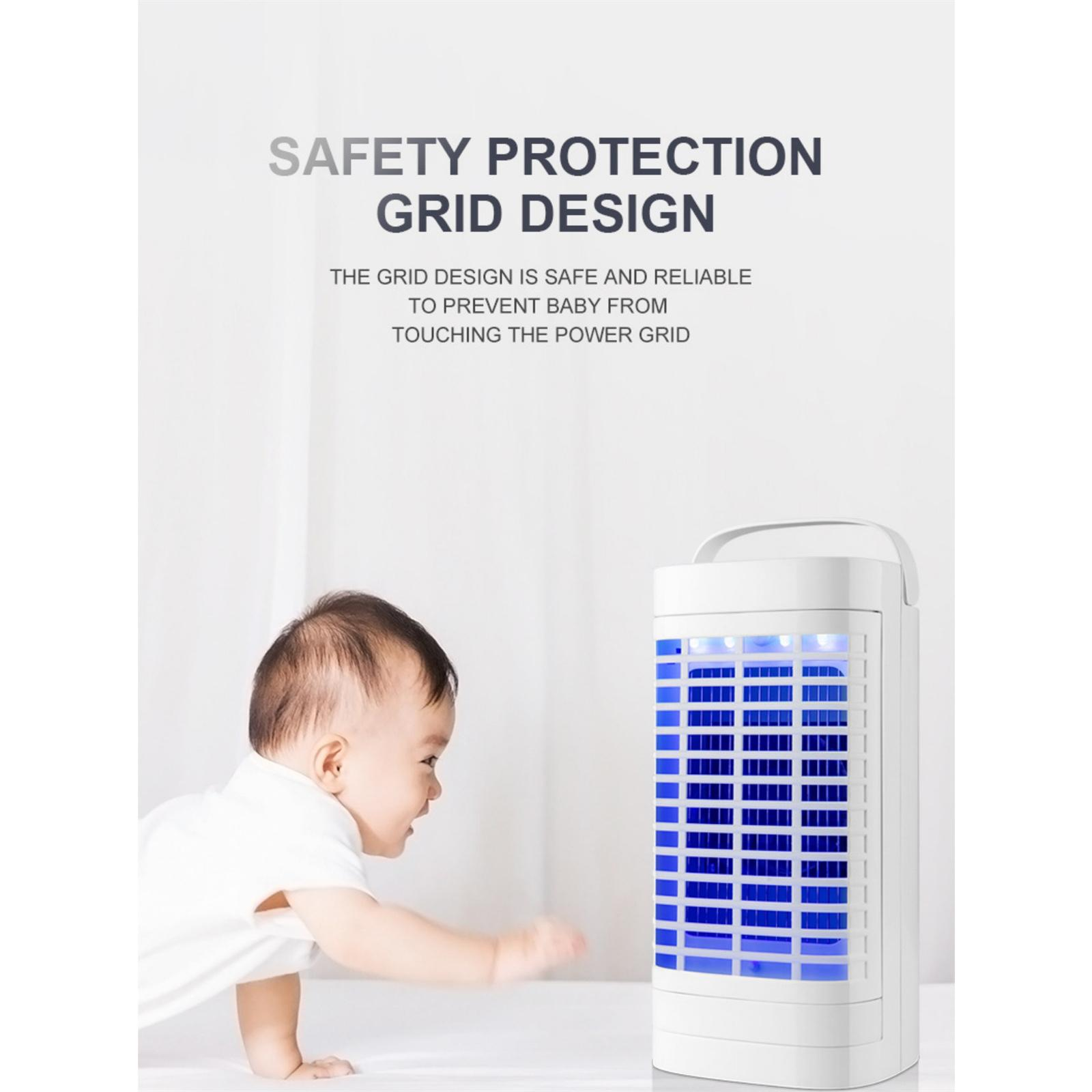 Ein Baby, das nach einem weißen Insektenvernichter greift. Text: 'Sicherheits-Schutzgitter-Design'.
