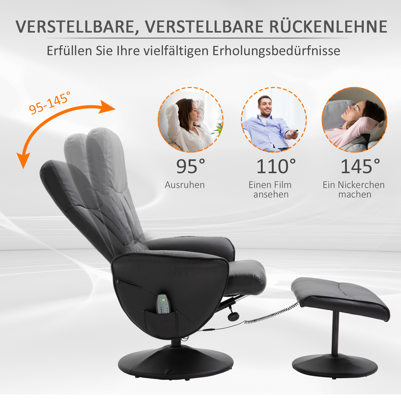 Schwarzer Relaxsessel und Fußstütze. Zeigt verschiedene Liegewinkel: 95°, 110°, 145°.