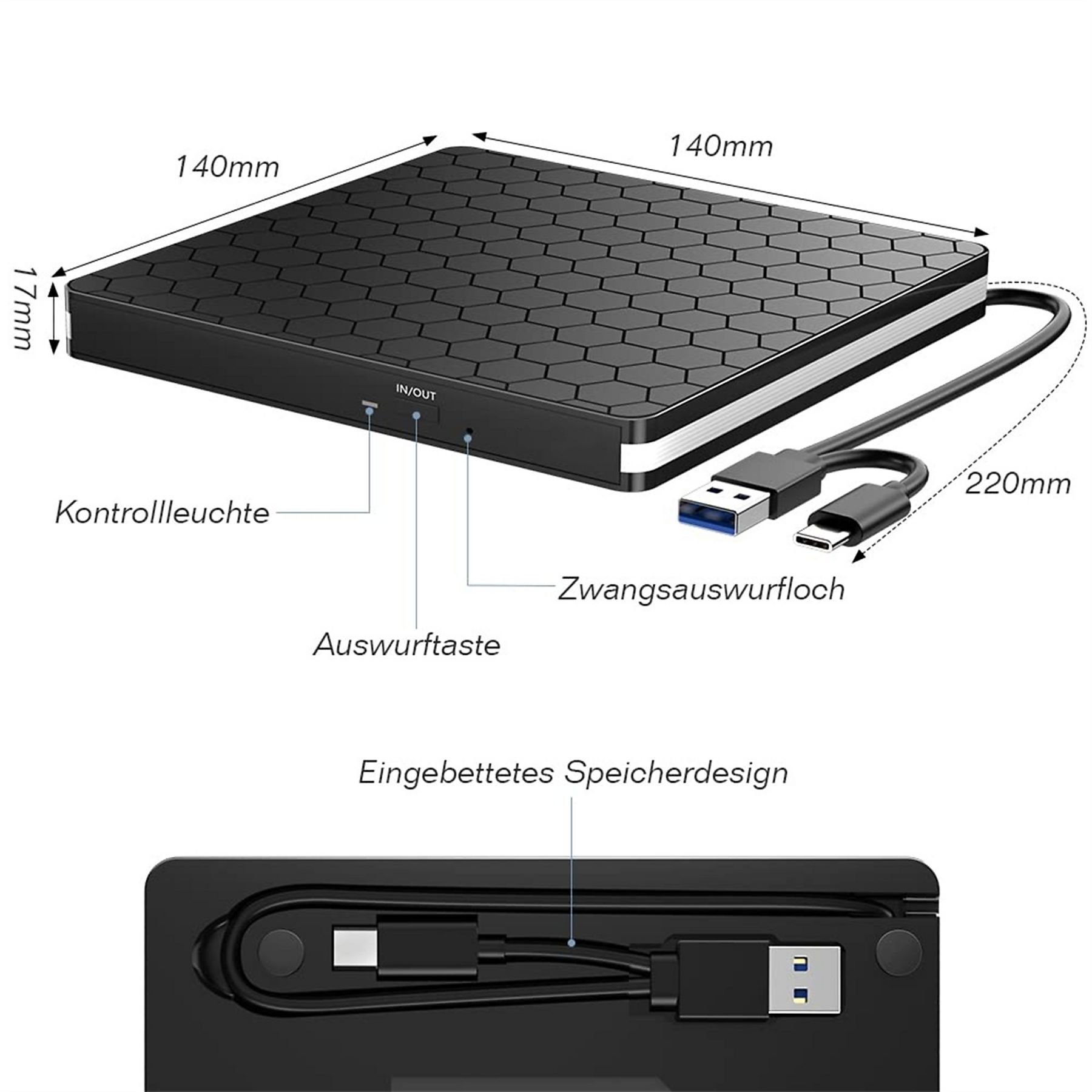 Schwarze externe Festplatte mit Maßen. USB-Kabel angeschlossen. Weißer Hintergrund.