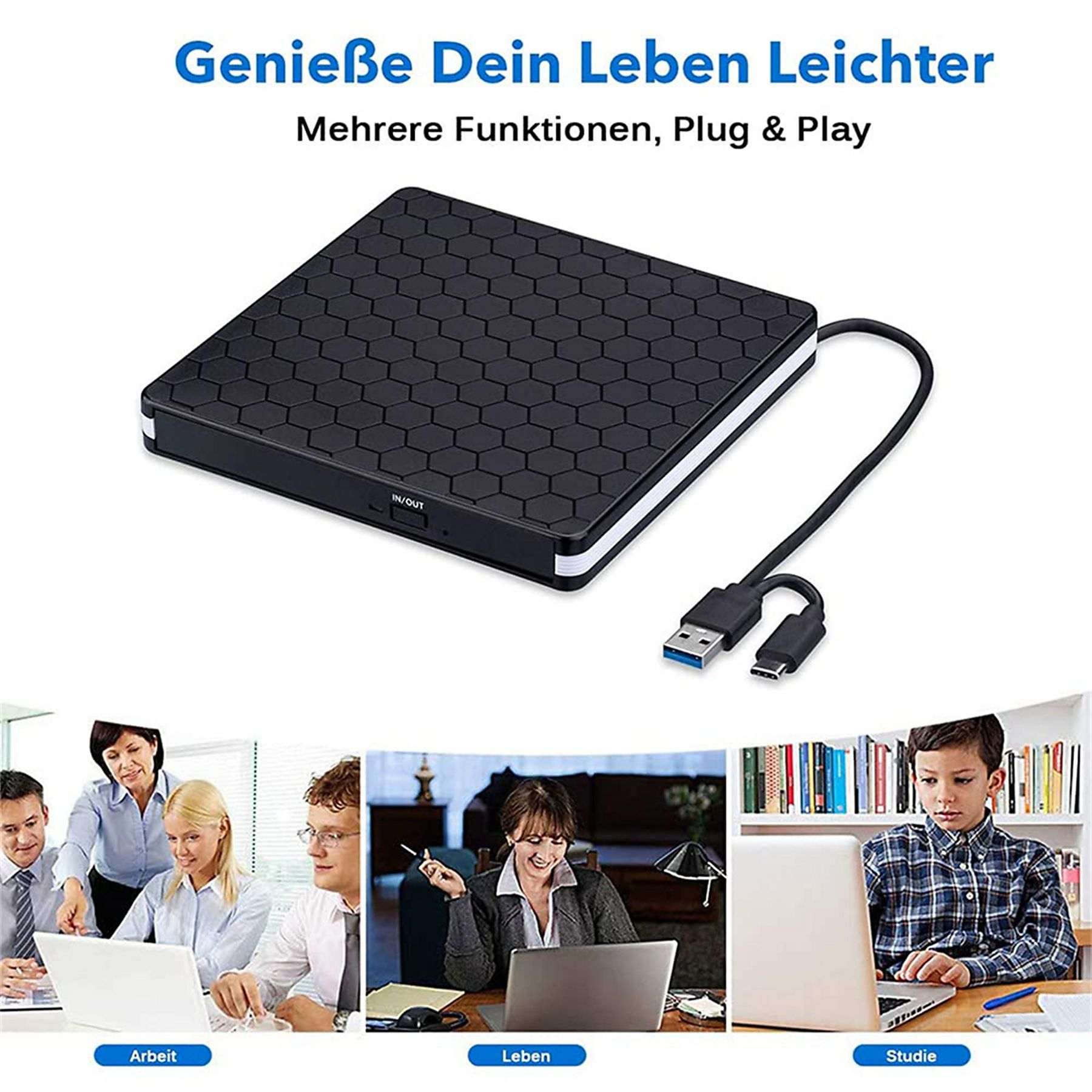 Ein schwarzes Gerät mit USB-Kabel und Symbolen von Personen, die Laptops benutzen, zur Förderung der Multifunktionalität.