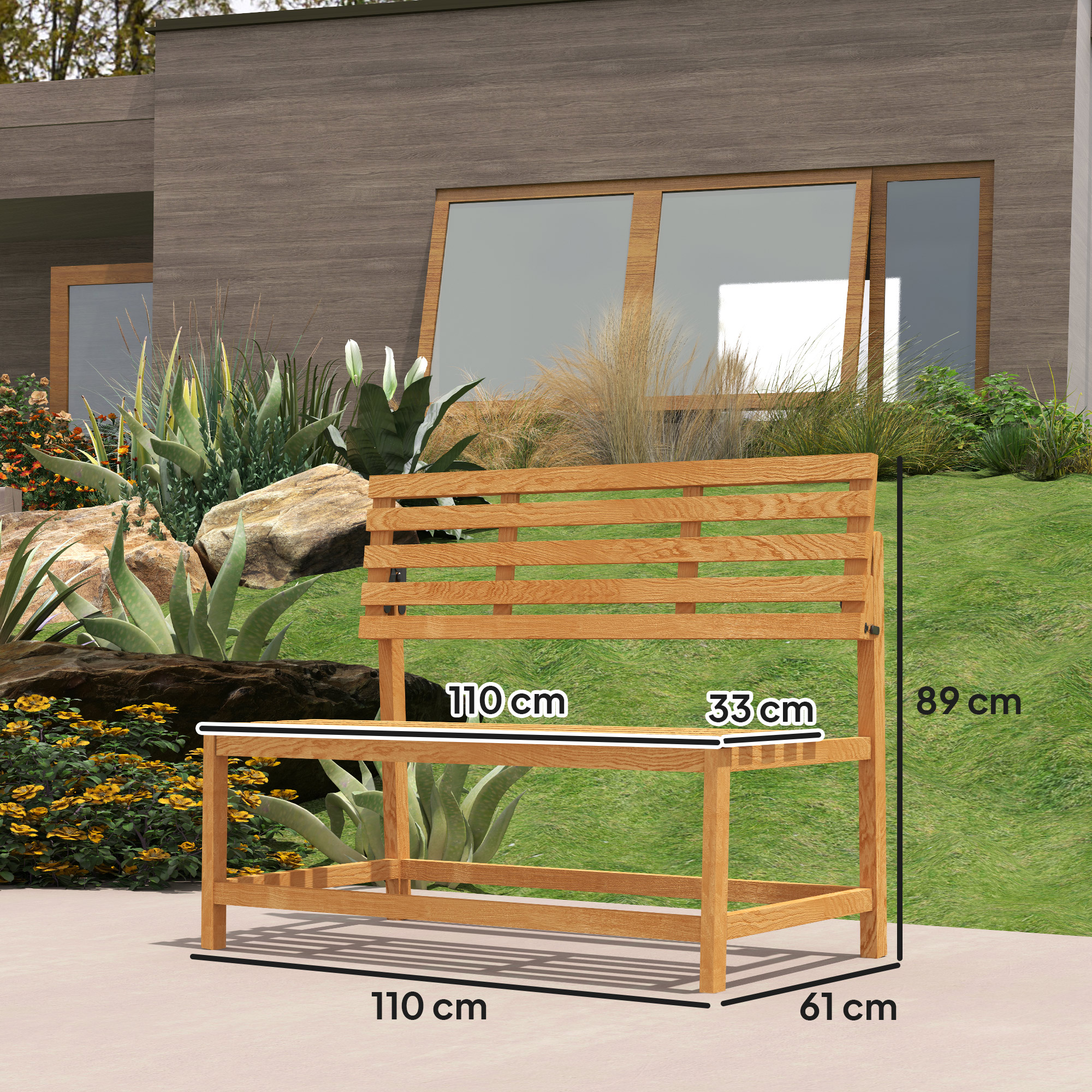 Holzbank in einem Garten mit Maßangaben.
