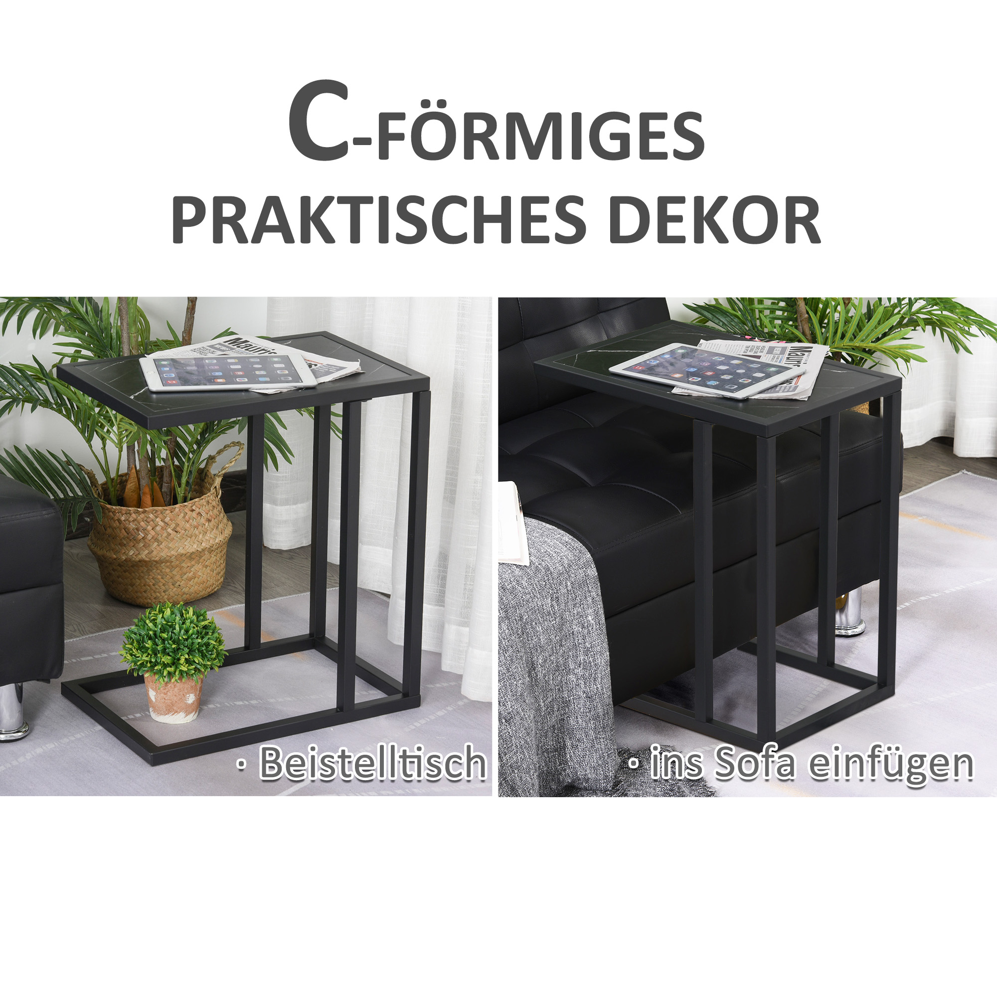 Schwarze C-förmige Beistelltische mit schwarzen Oberflächen. Einer neben Sofa.