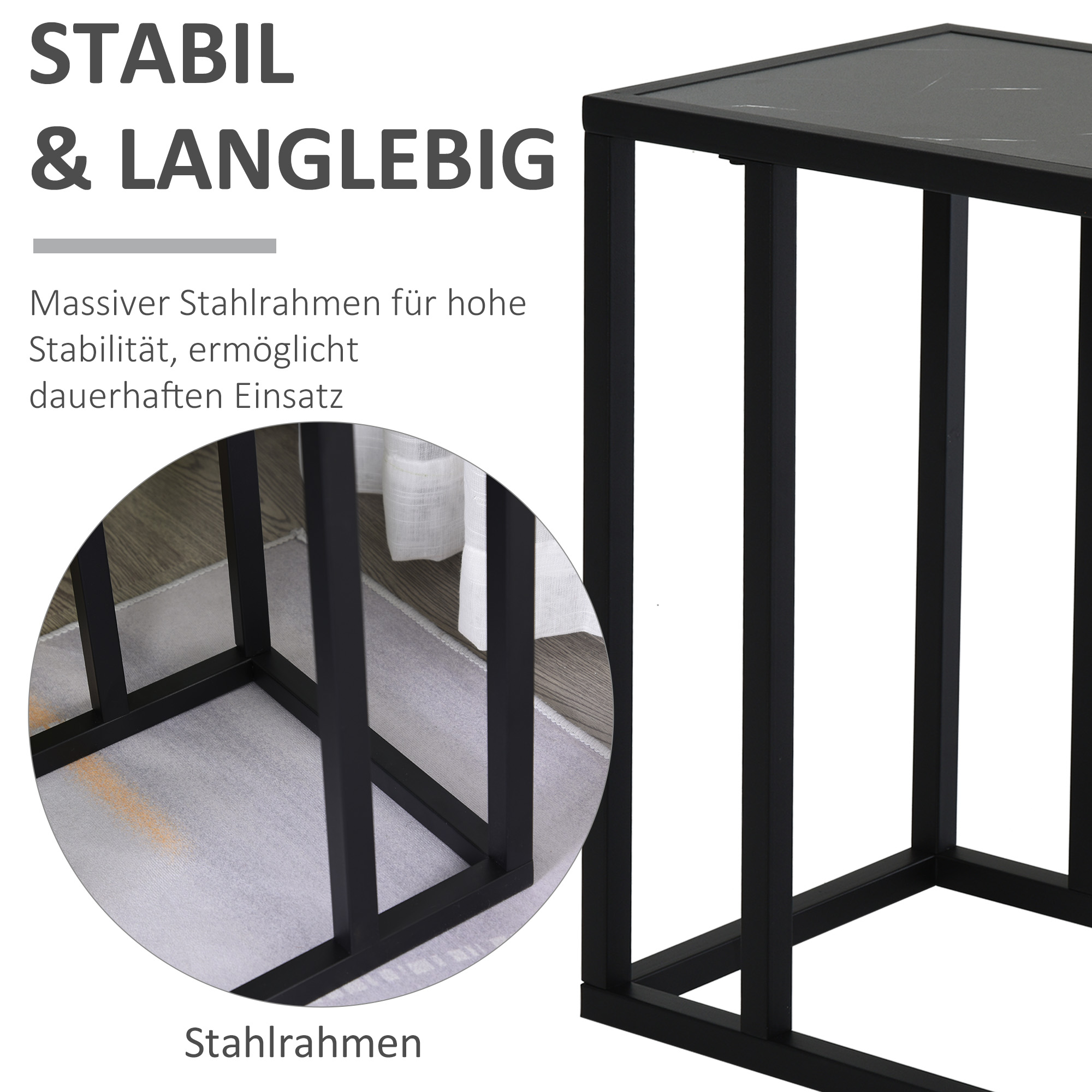 Nahaufnahme eines schwarzen Metallrahmentisches. Text besagt, dass es stabil und langlebig ist. Der Hintergrund ist unscharf.