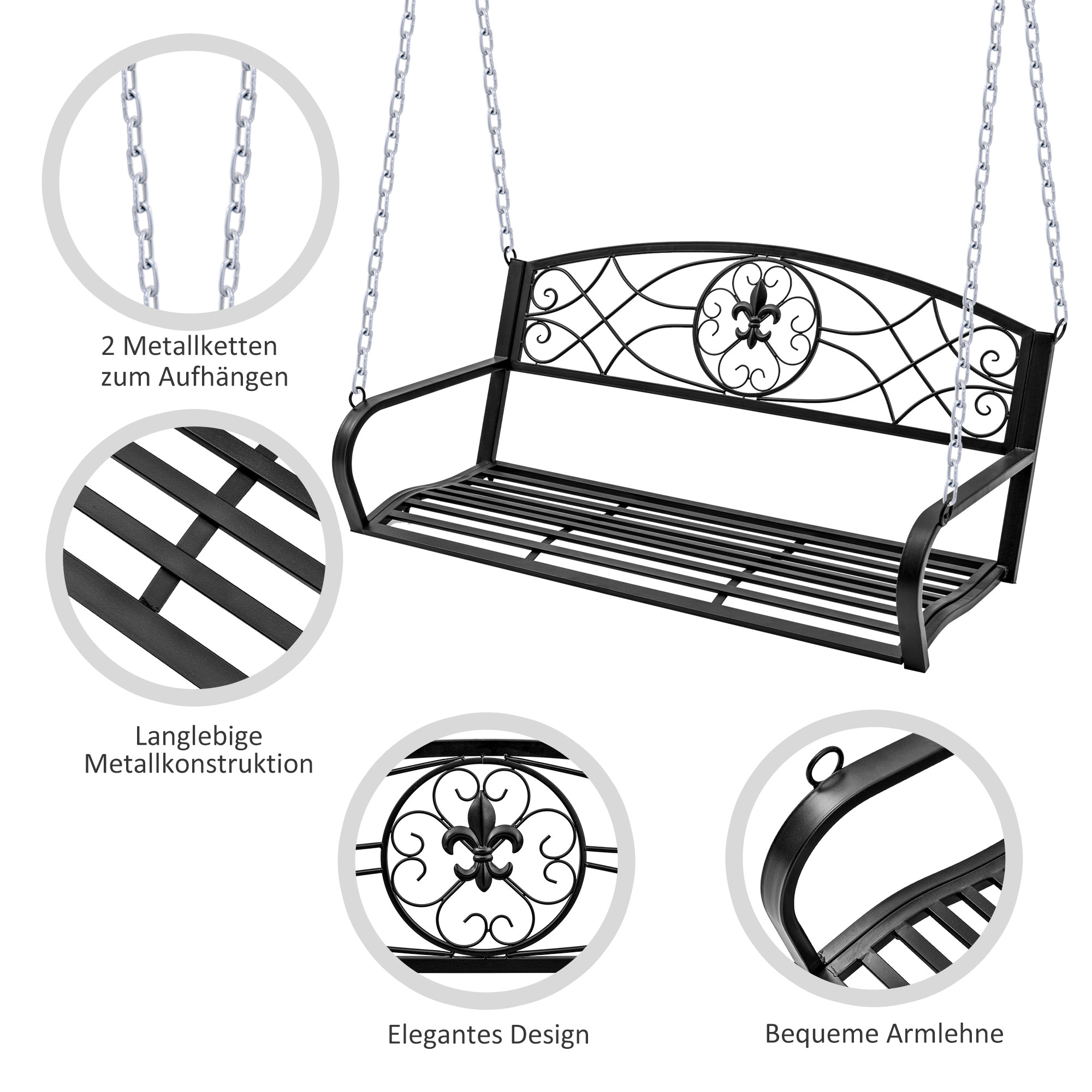 Schwarze Metallschaukel mit dekorativen Elementen. Nahaufnahmen von Ketten und Designdetails.