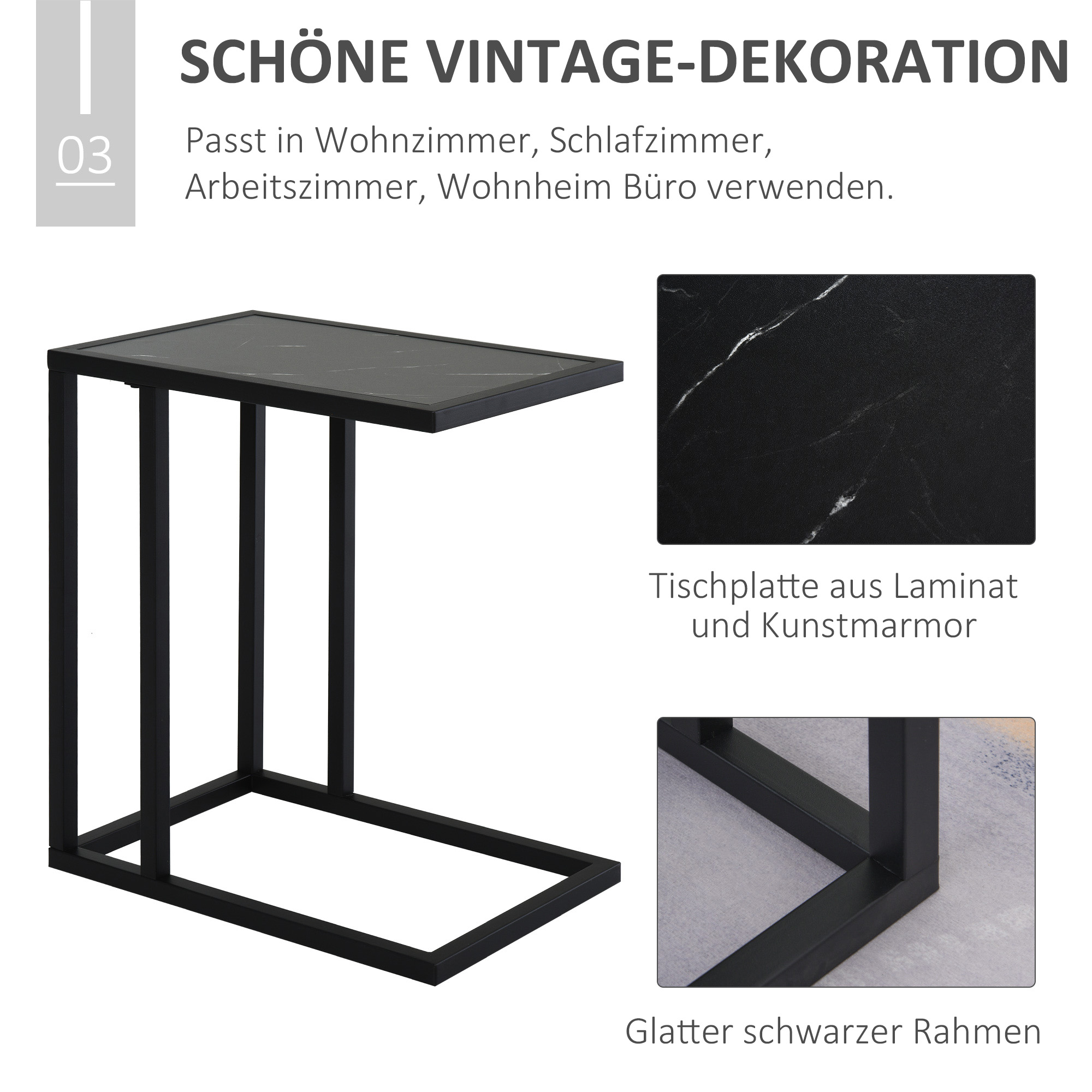 Ein schwarzer Beistelltisch mit schwarzer Marmoroptik-Oberfläche mit Details der Tischplatte.