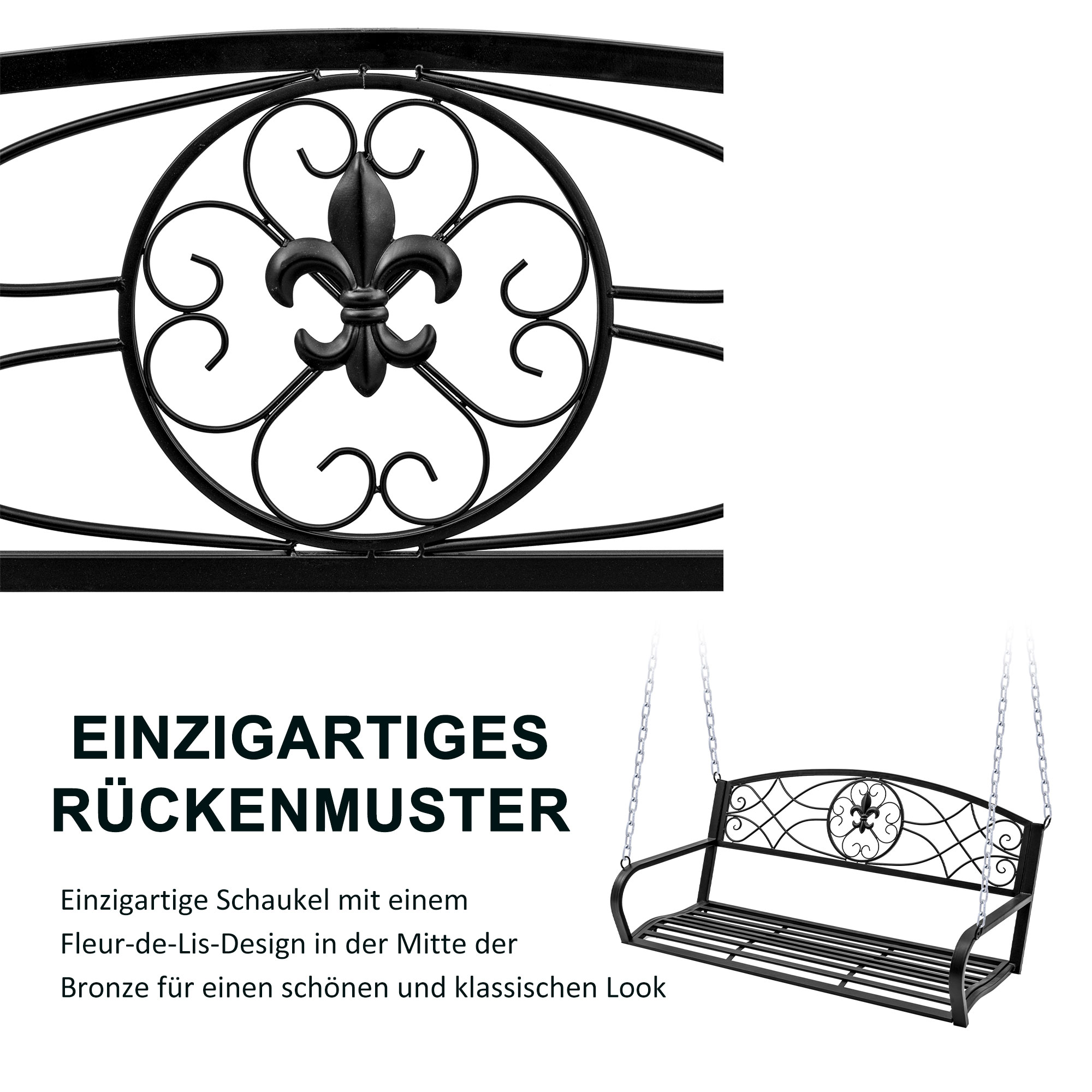 Eine schwarze Metallschaukel mit Fleur-de-Lis-Design, mit Nahaufnahme des Designs, auf weißem Hintergrund.