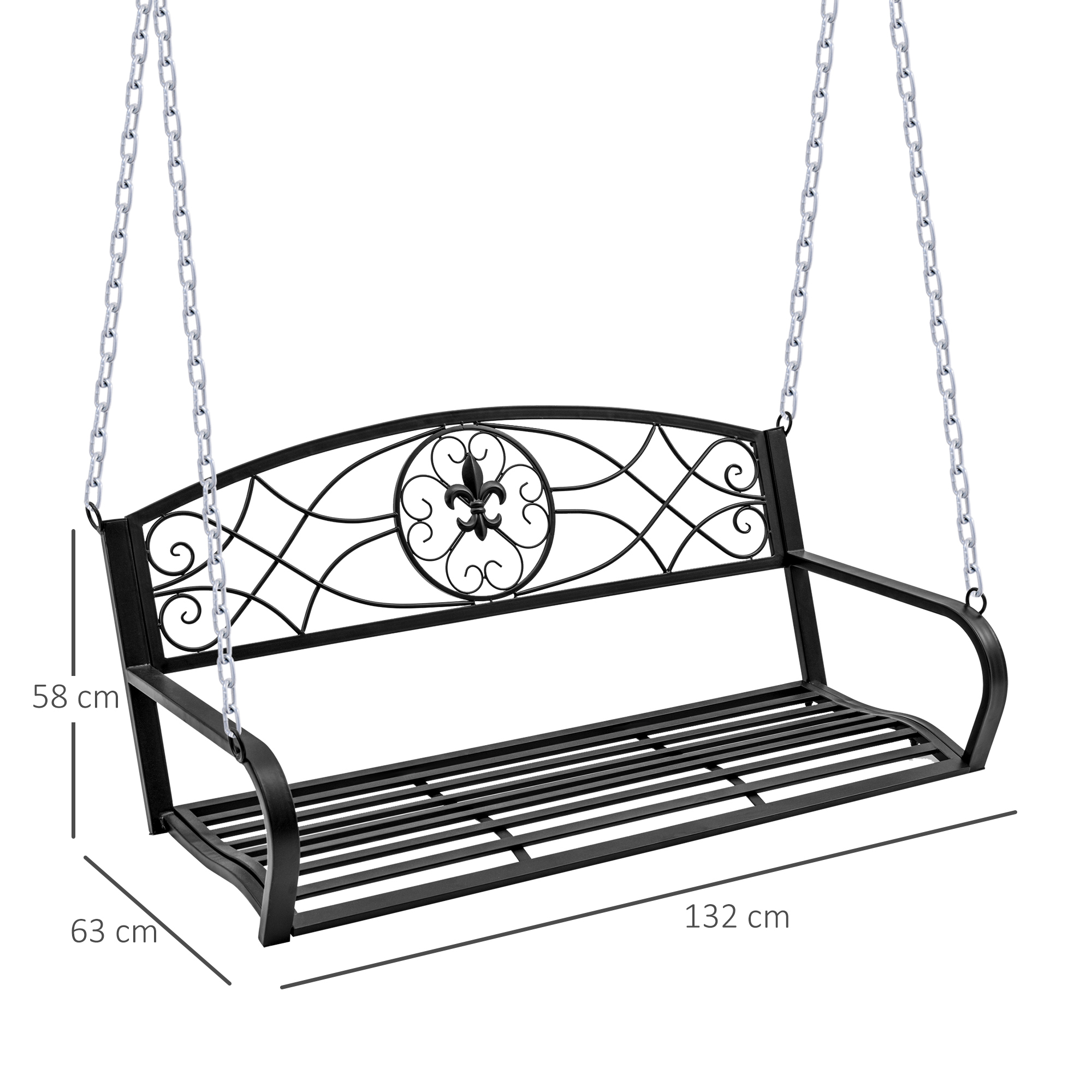 Schwarze Metall-Schaukelbank mit dekorativer Rückenlehne, Maße in cm.