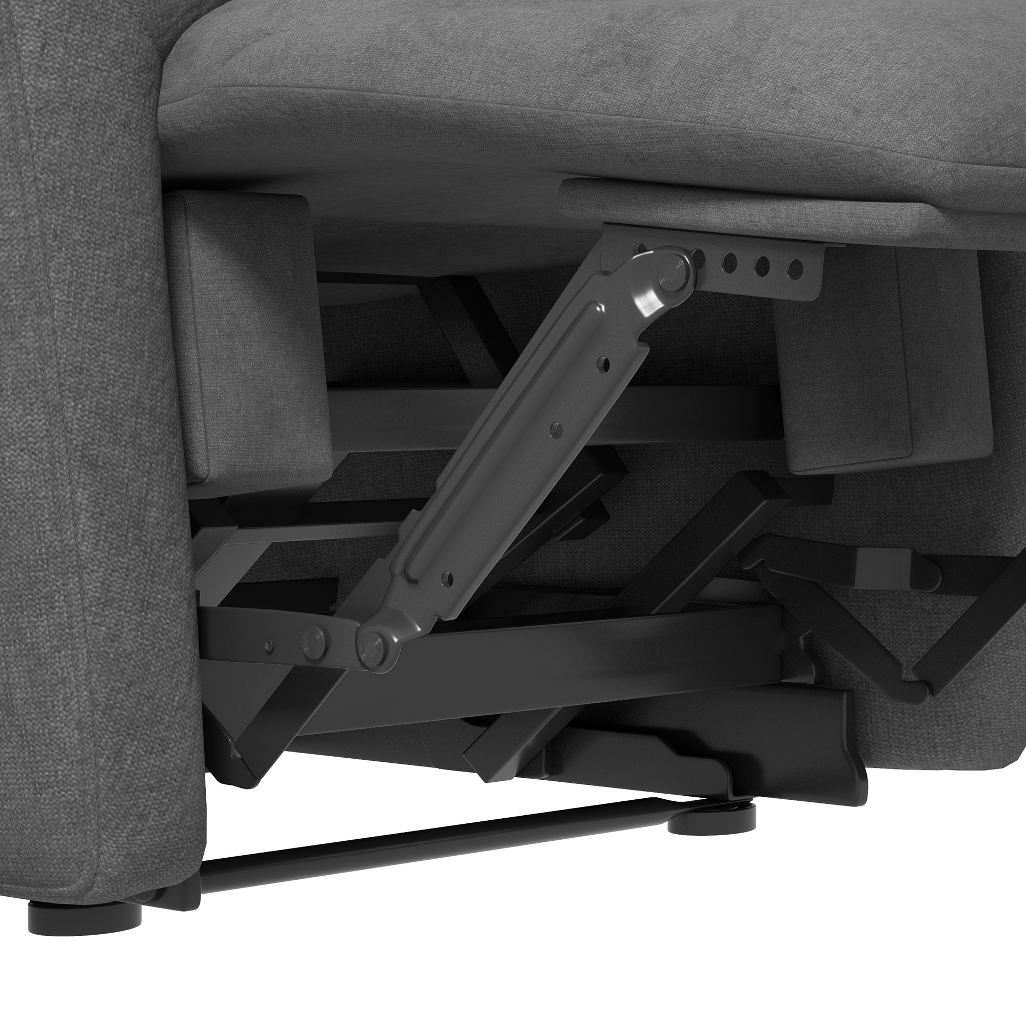 Nahaufnahme des Metallrahmens und Mechanismus eines Liegesofas, der die Innenstruktur zeigt.