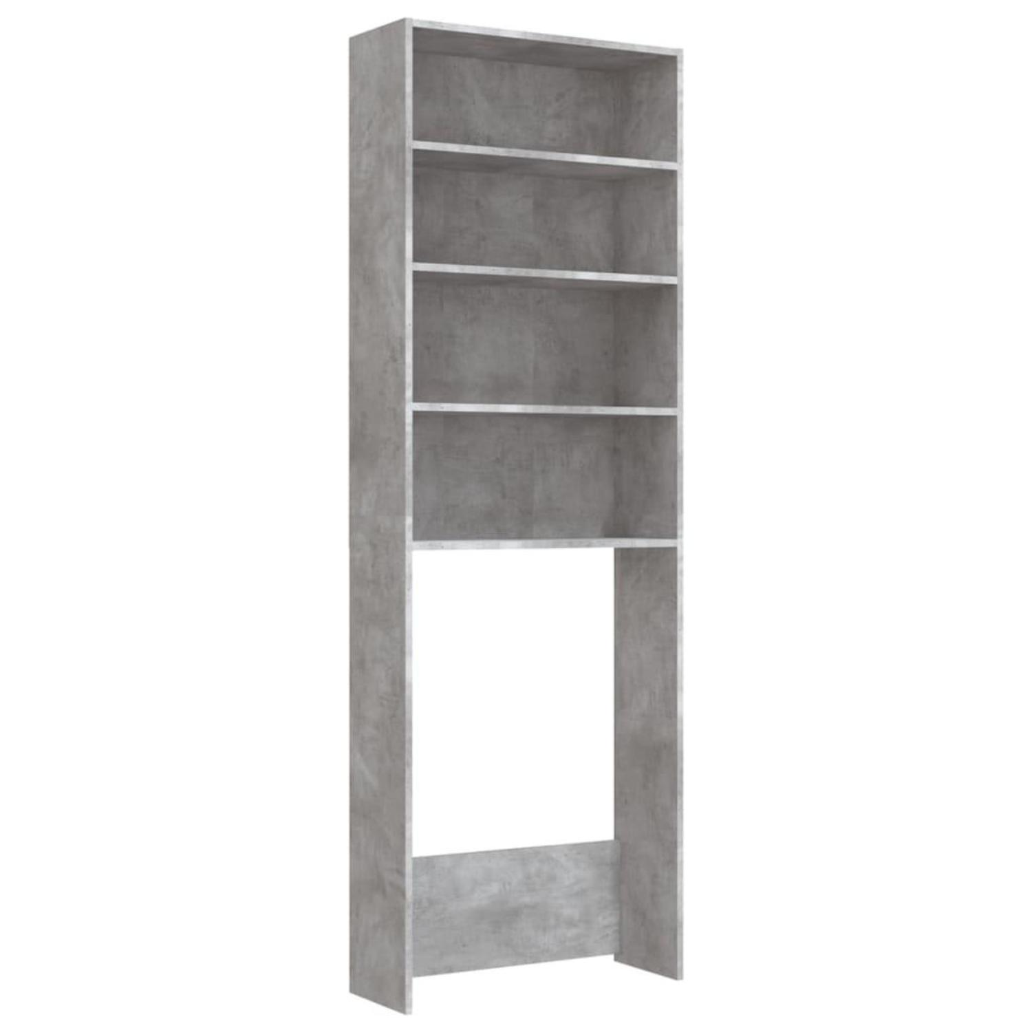 Ein hoher grauer Schrank mit Regalen. Es ist ein vertikales Stauraumelement mit offenen Regalen.