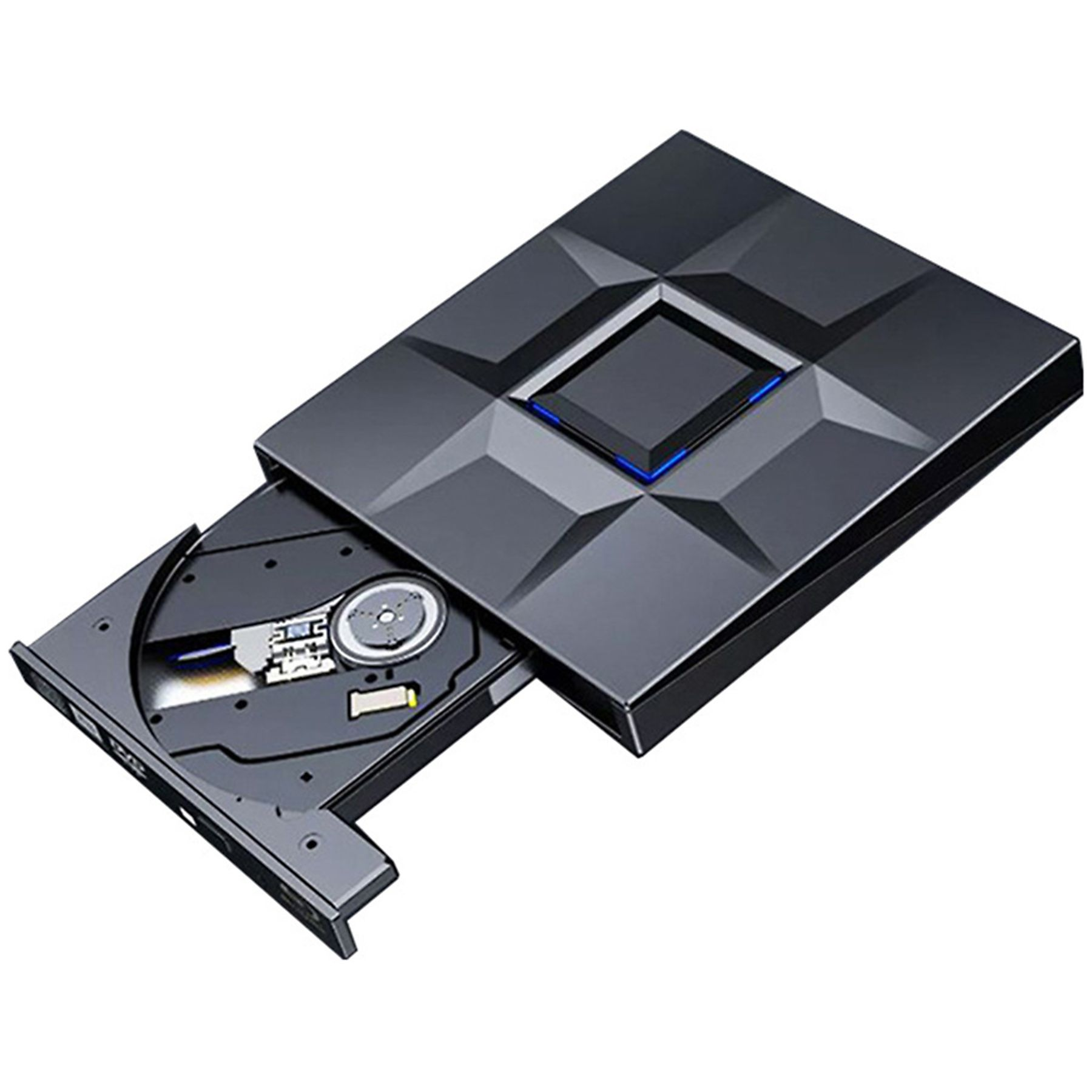 Schwarzes externes CD/DVD-Laufwerk mit einem Schlitz für die Disc, mit blauem Licht.