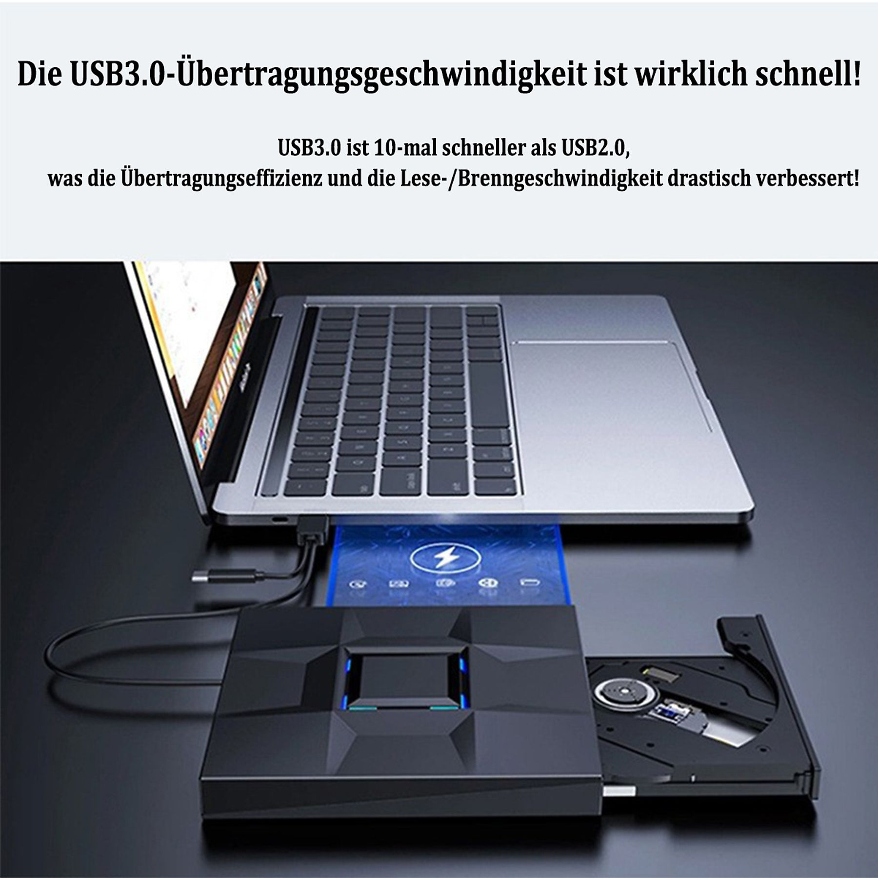 Laptop mit externem CD-Laufwerk. Text zeigt schnelle Übertragungsgeschwindigkeiten.