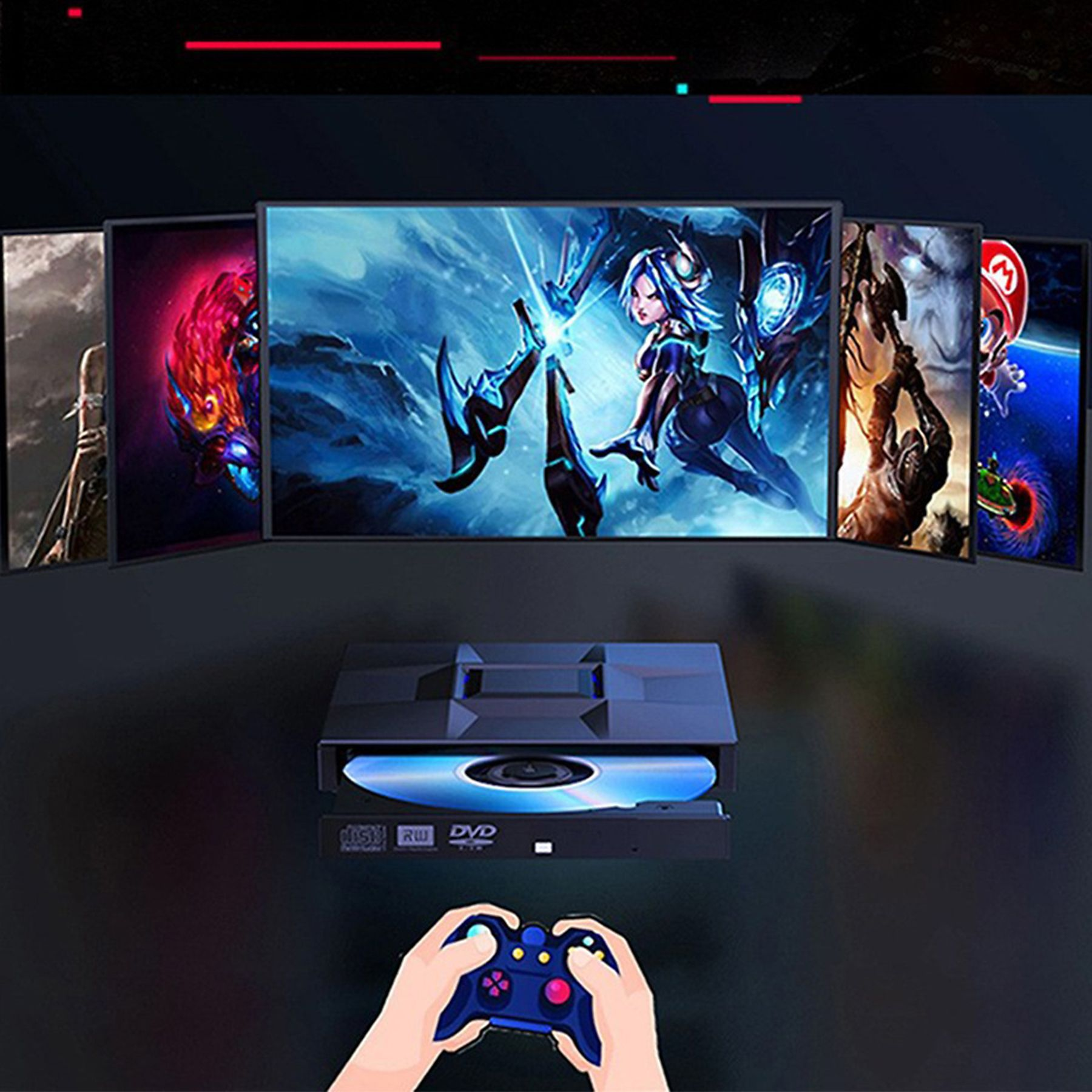 DVD-Player mit blauer Disc, umgeben von Bildschirmen mit Spielgrafiken.