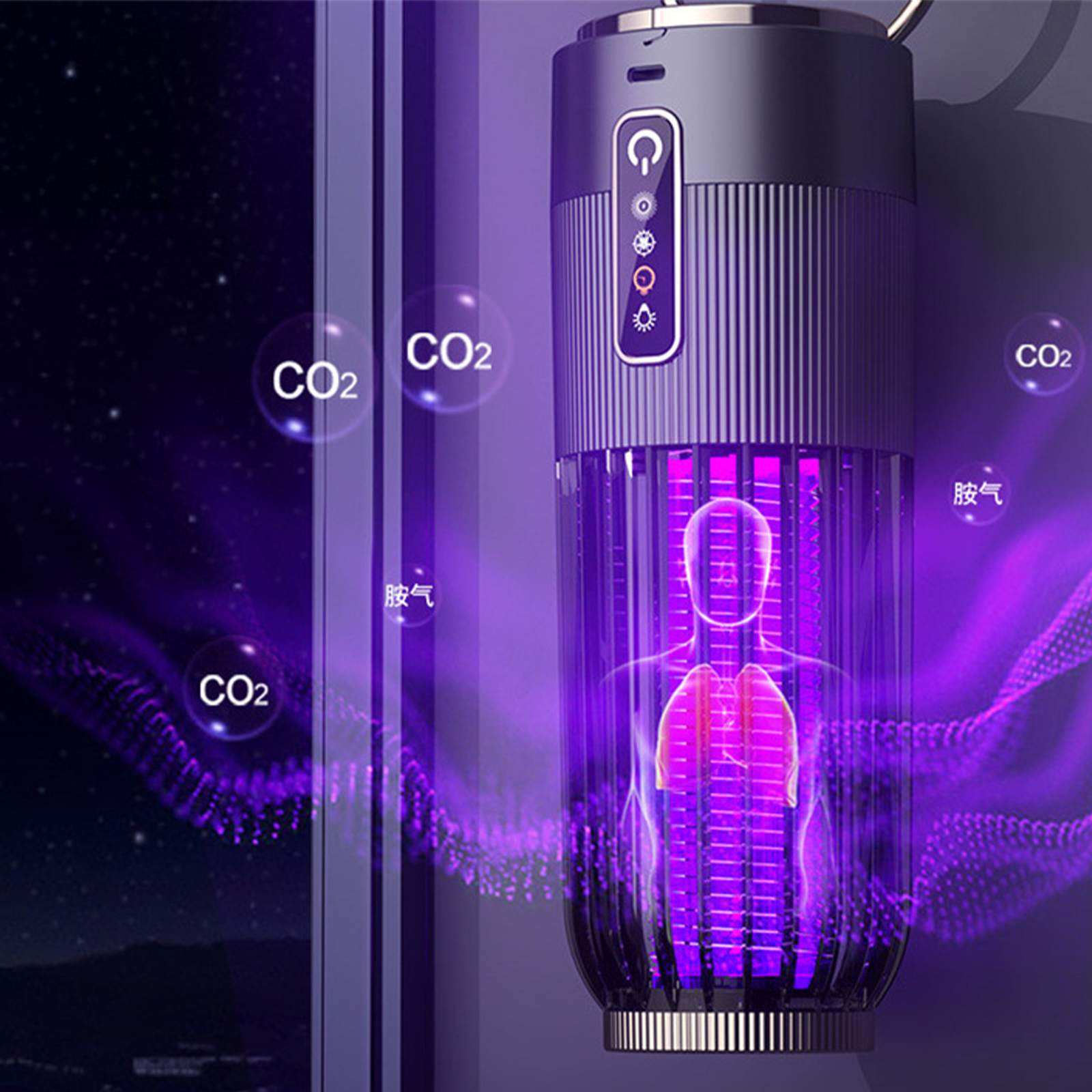 Eine Mückenfalle mit leuchtendem violettem Licht. Text auf Blasen: CO2, 脓气.