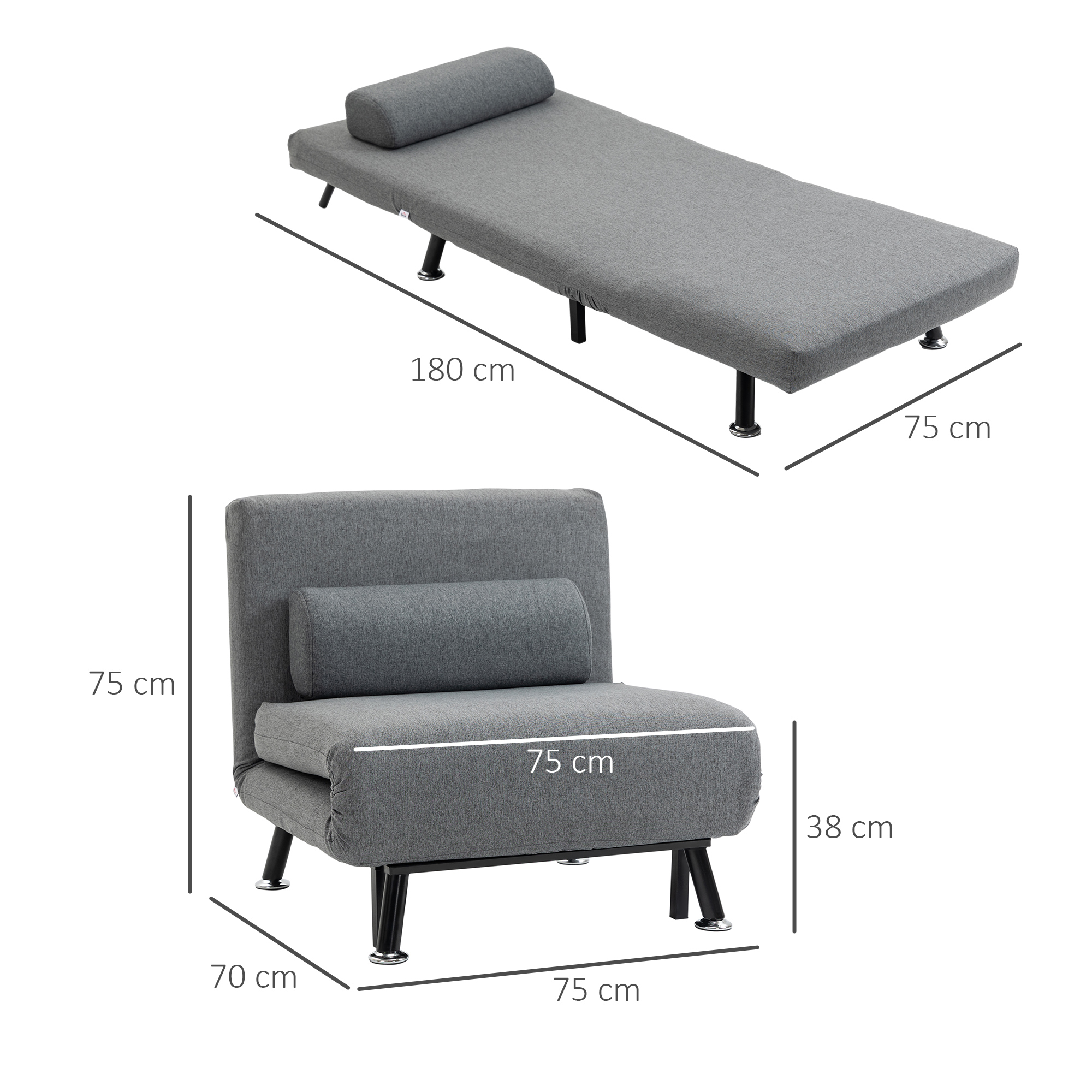 Graues Schlafsofa und Stuhl, beide mit Maßangaben. Stuhl lässt sich in Bett verwandeln.