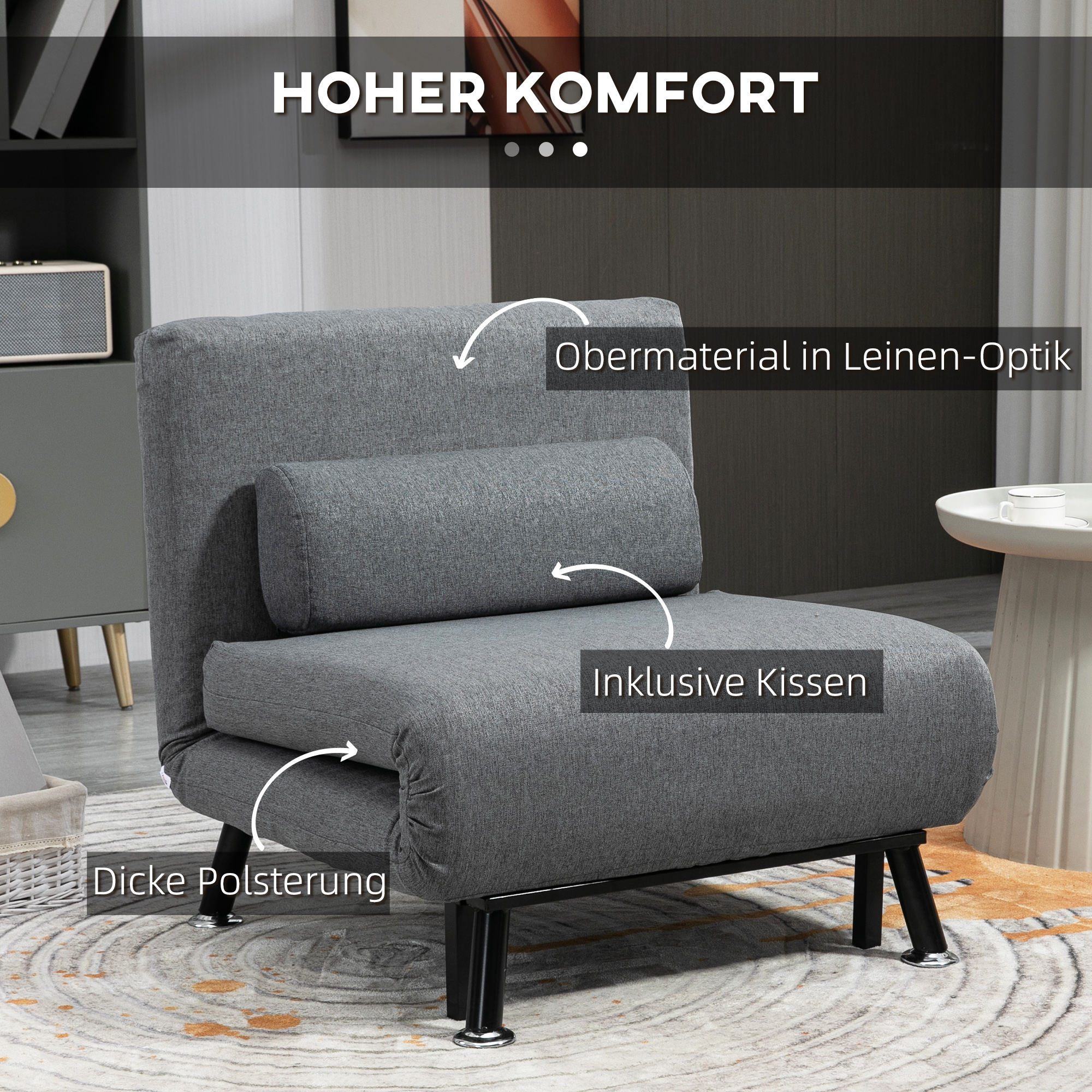 Ein graues Schlafsofa mit Kopfstütze und Kissen, gekennzeichnet mit Details zur Polsterung.