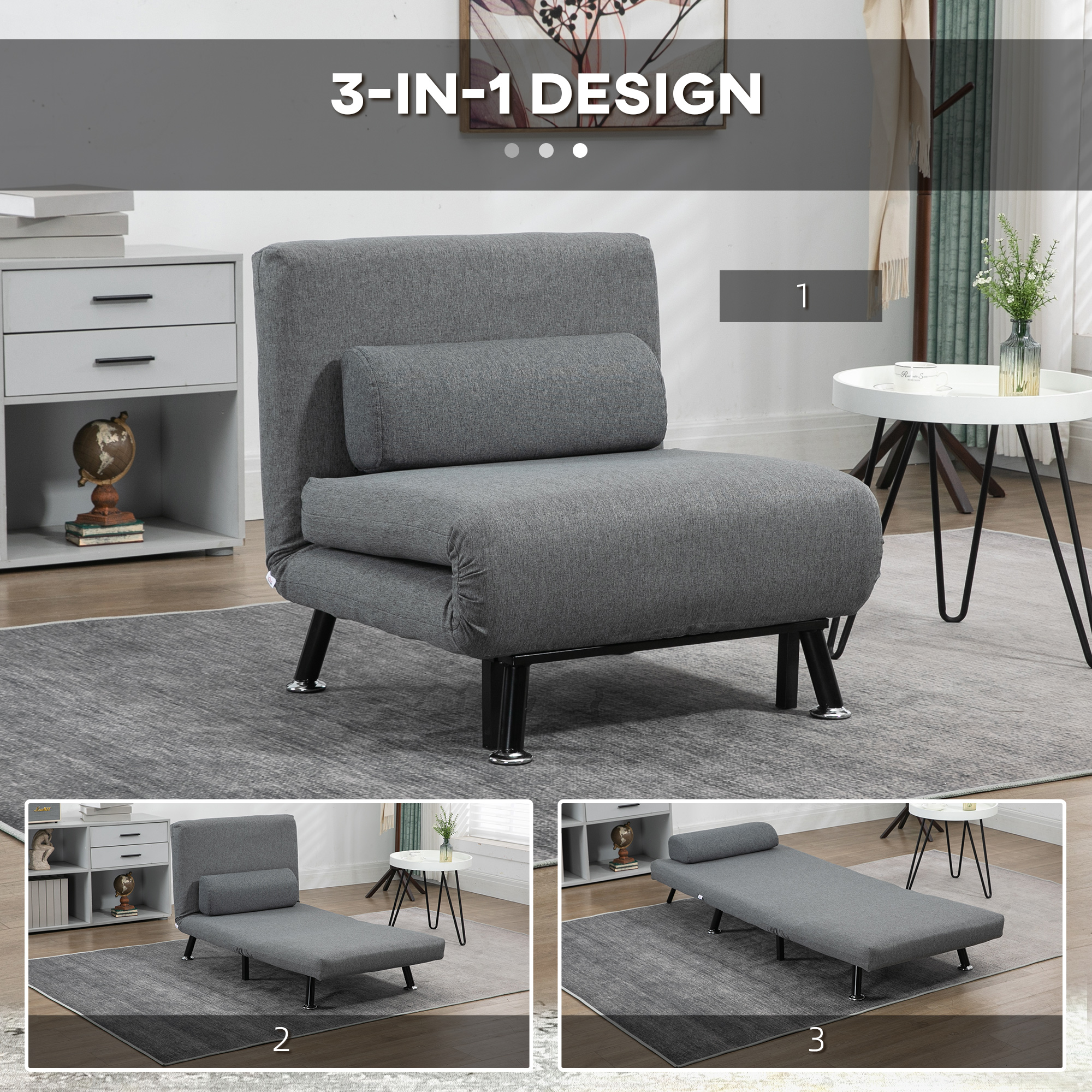 Ein graues Schlafsofa in drei verschiedenen Positionen. Das Sofa kann ein Stuhl oder ein Bett sein.