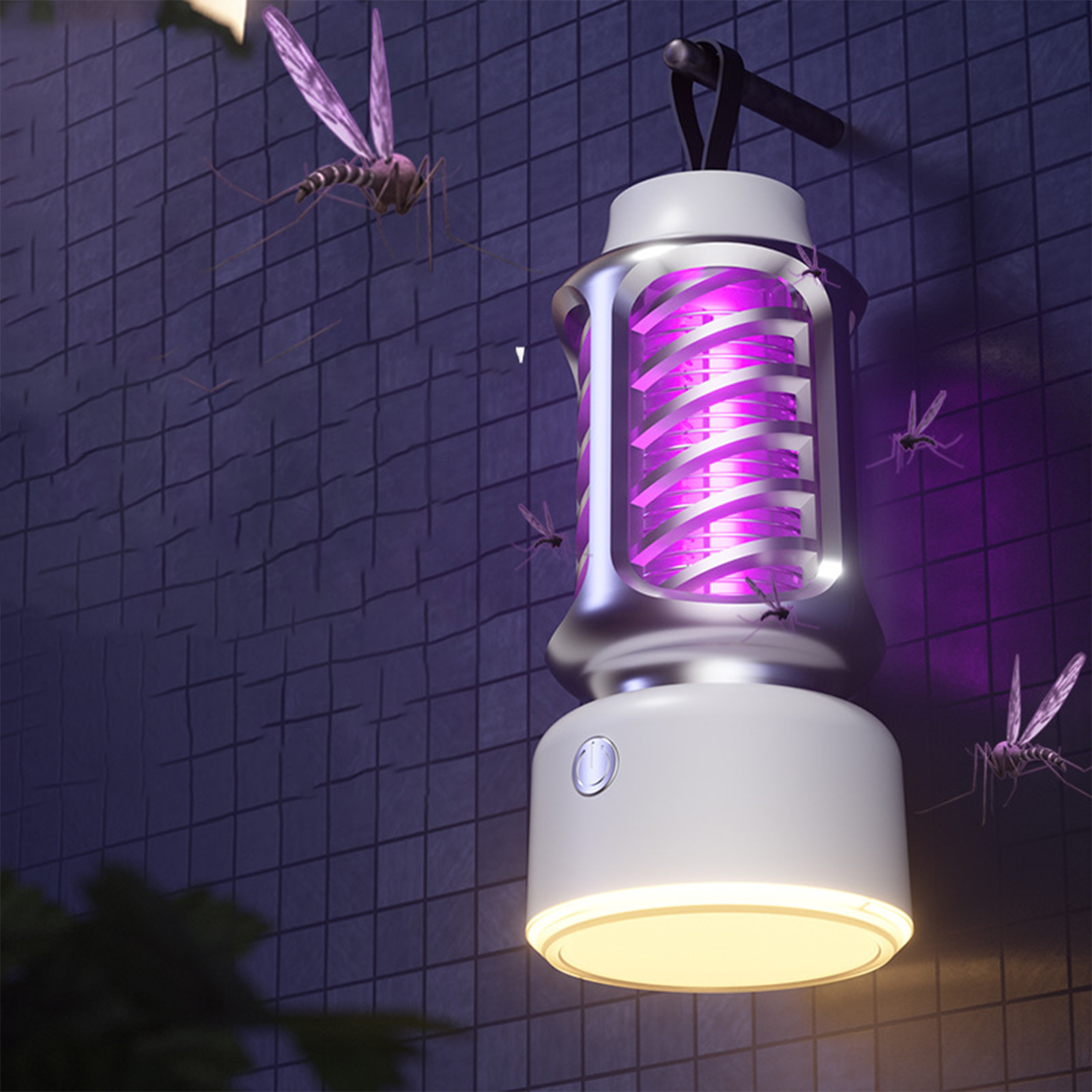 Eine Mückenvernichterlampe, mit Mücken, die darum herumfliegen, an einer lila Backsteinmauer befestigt.