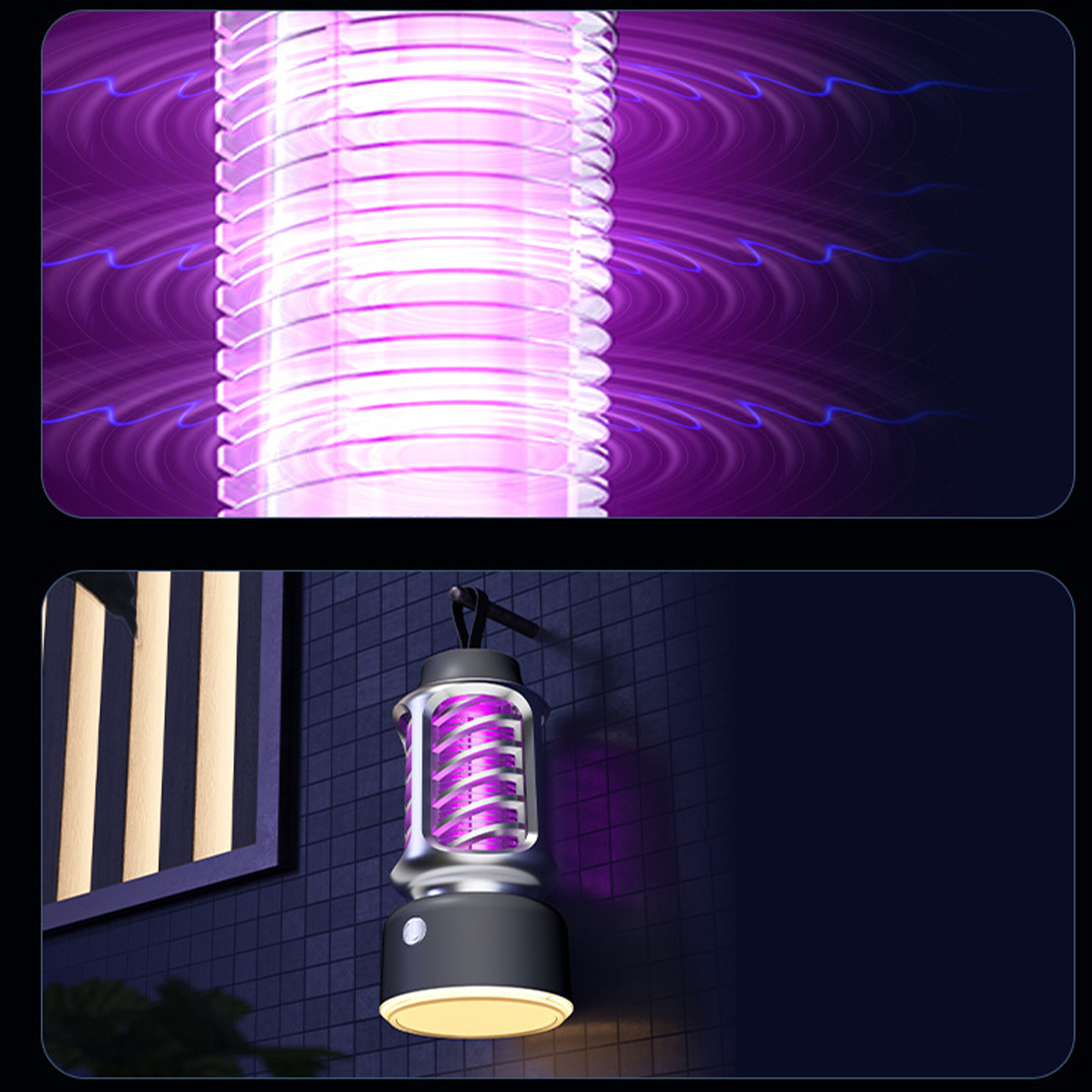 Eine Mückenvernichter-Lampe mit violettem Licht und Lichtbögen. Sie wird in zwei verschiedenen Umgebungen gezeigt.