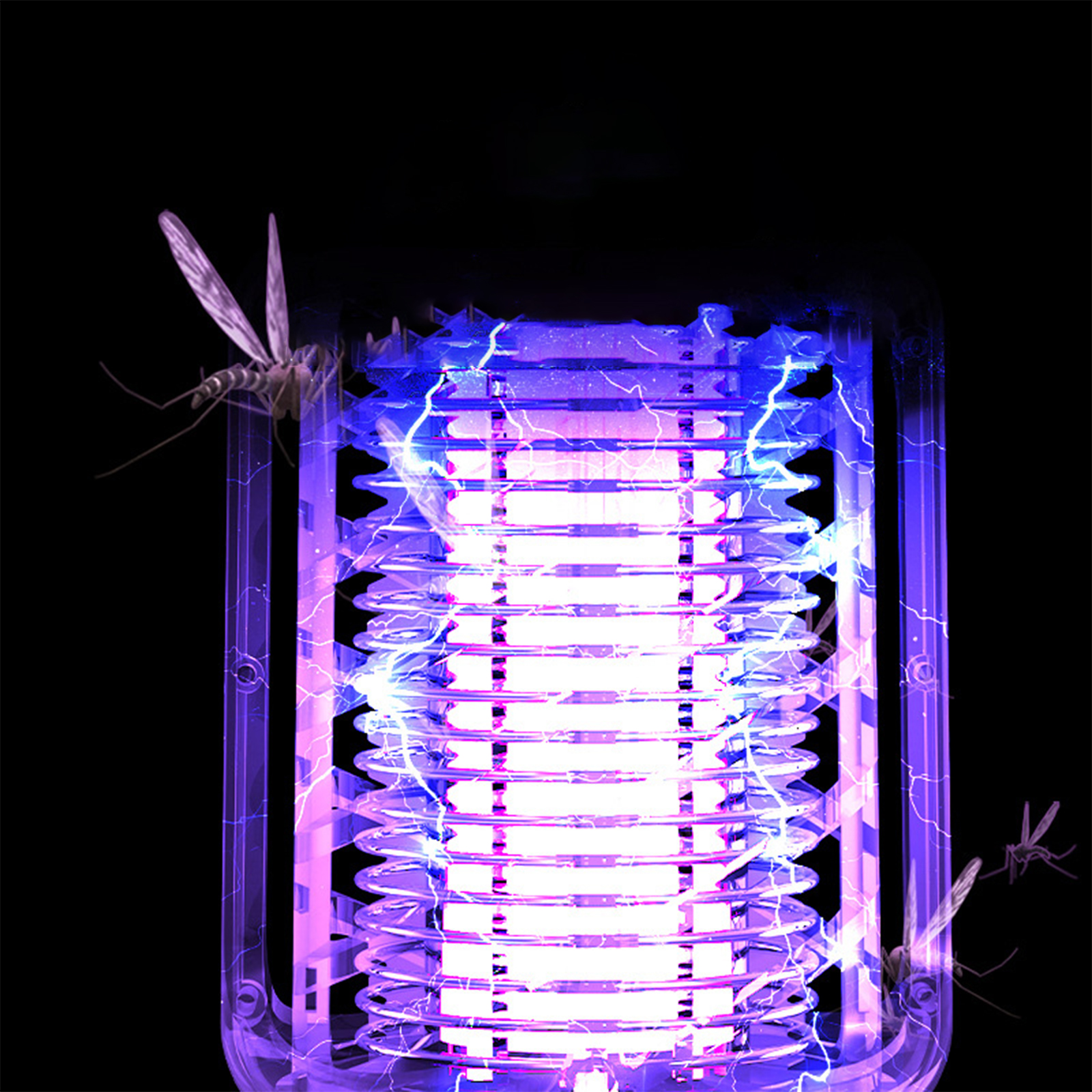 Eine Mückenfalle emittiert hellviolettes Licht und zieht Mücken in einer dunklen Umgebung an.