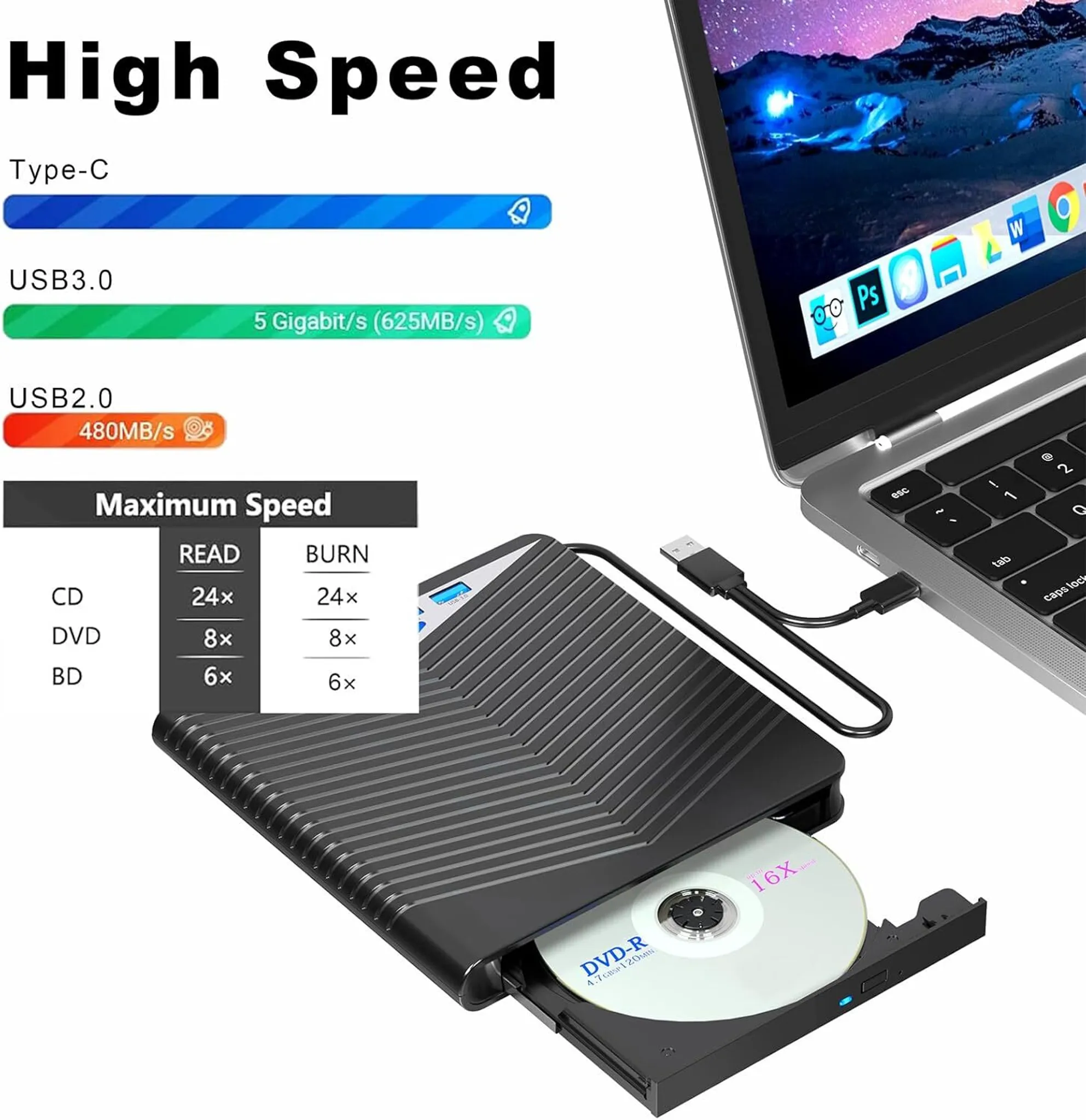 Schwarzes externes DVD/CD-Laufwerk mit Laptop, Anzeige einer Disc und USB-Anschlüssen.