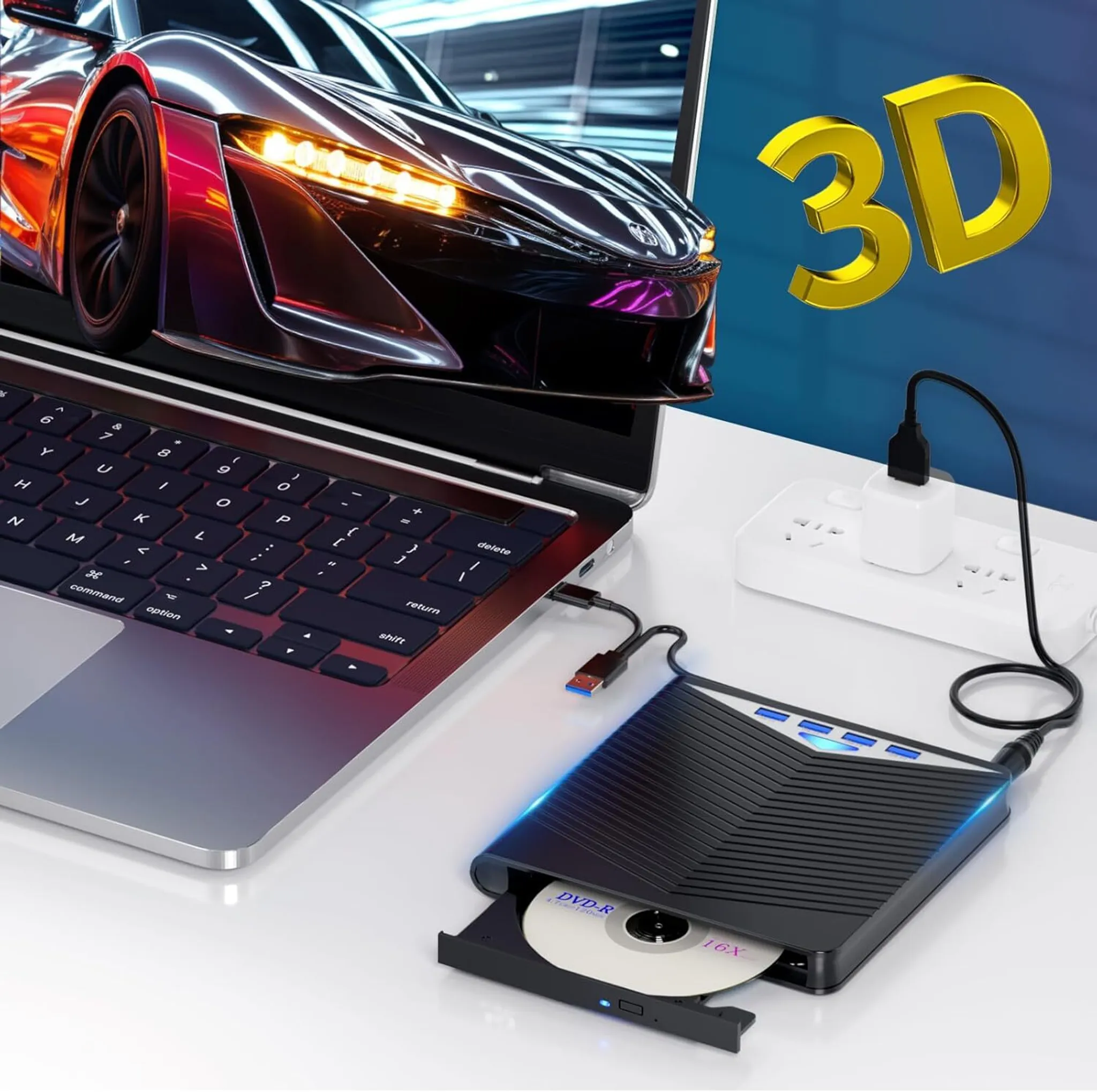 Laptop mit 3D-Autografik. Ein DVD-Laufwerk ist angeschlossen, mit eingelegter DVD.