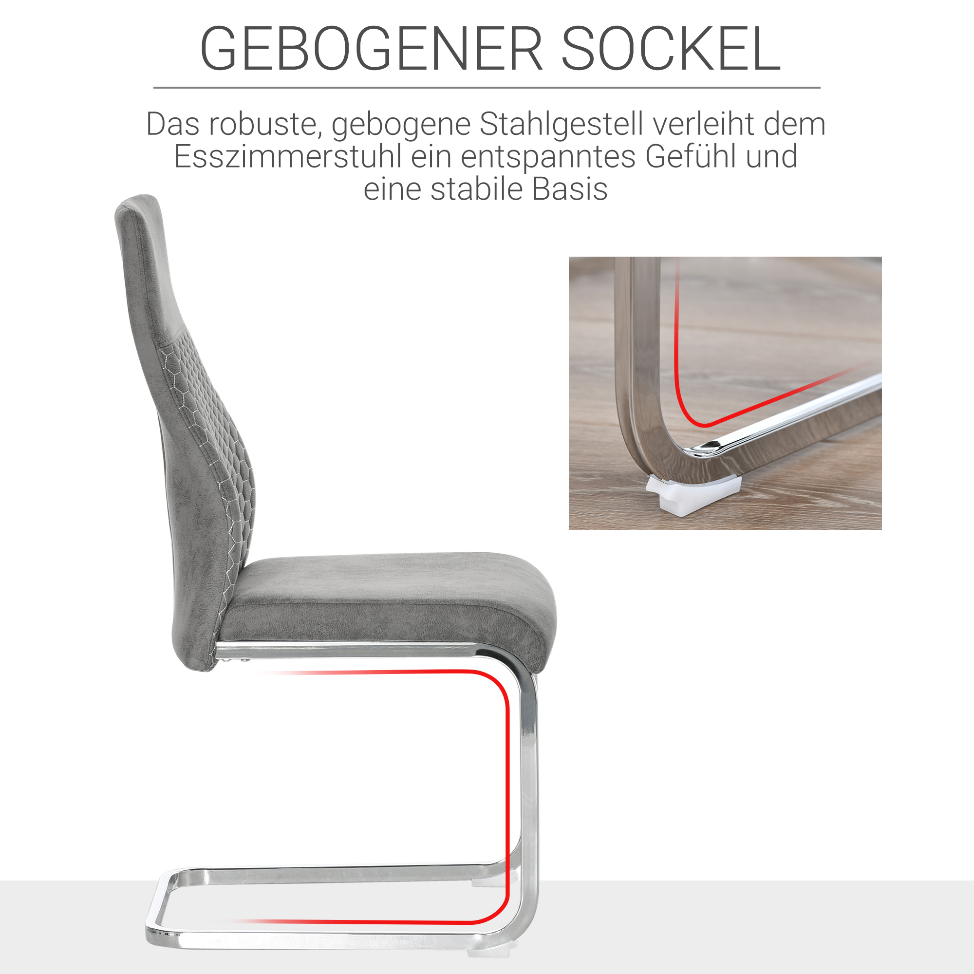 Ein grau gepolsterter Stuhl mit gebogenem Metallrahmen und Diagramm des Rahmens.
