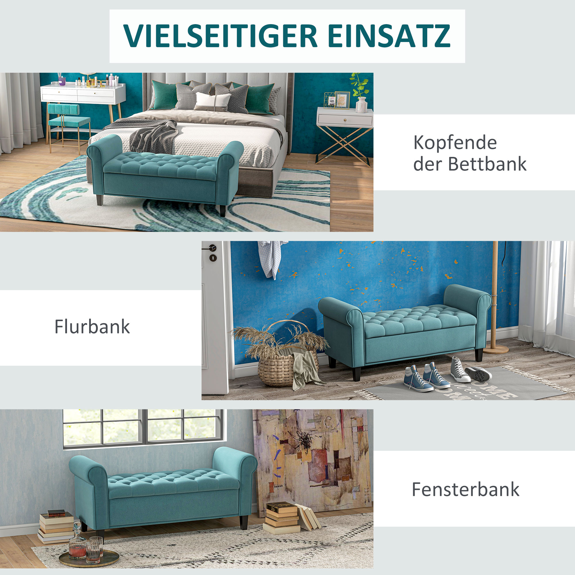 Eine türkisfarbene Bank in verschiedenen Umgebungen: Schlafzimmer, Flur und Fenster.