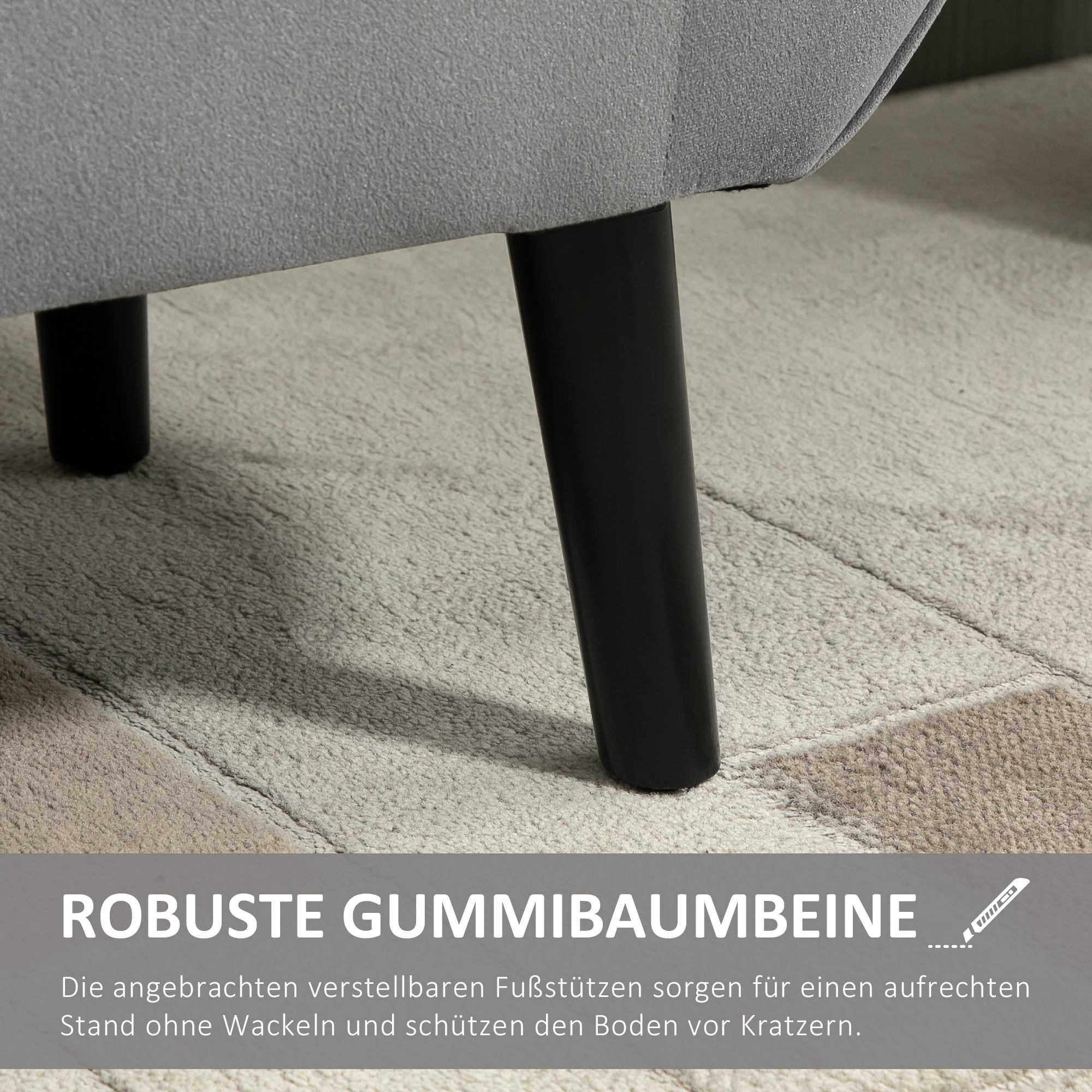 Nahaufnahme eines Sofabeins auf einem gemusterten Teppich. Der Text lautet 'Robuste Gummibaumbeine'.