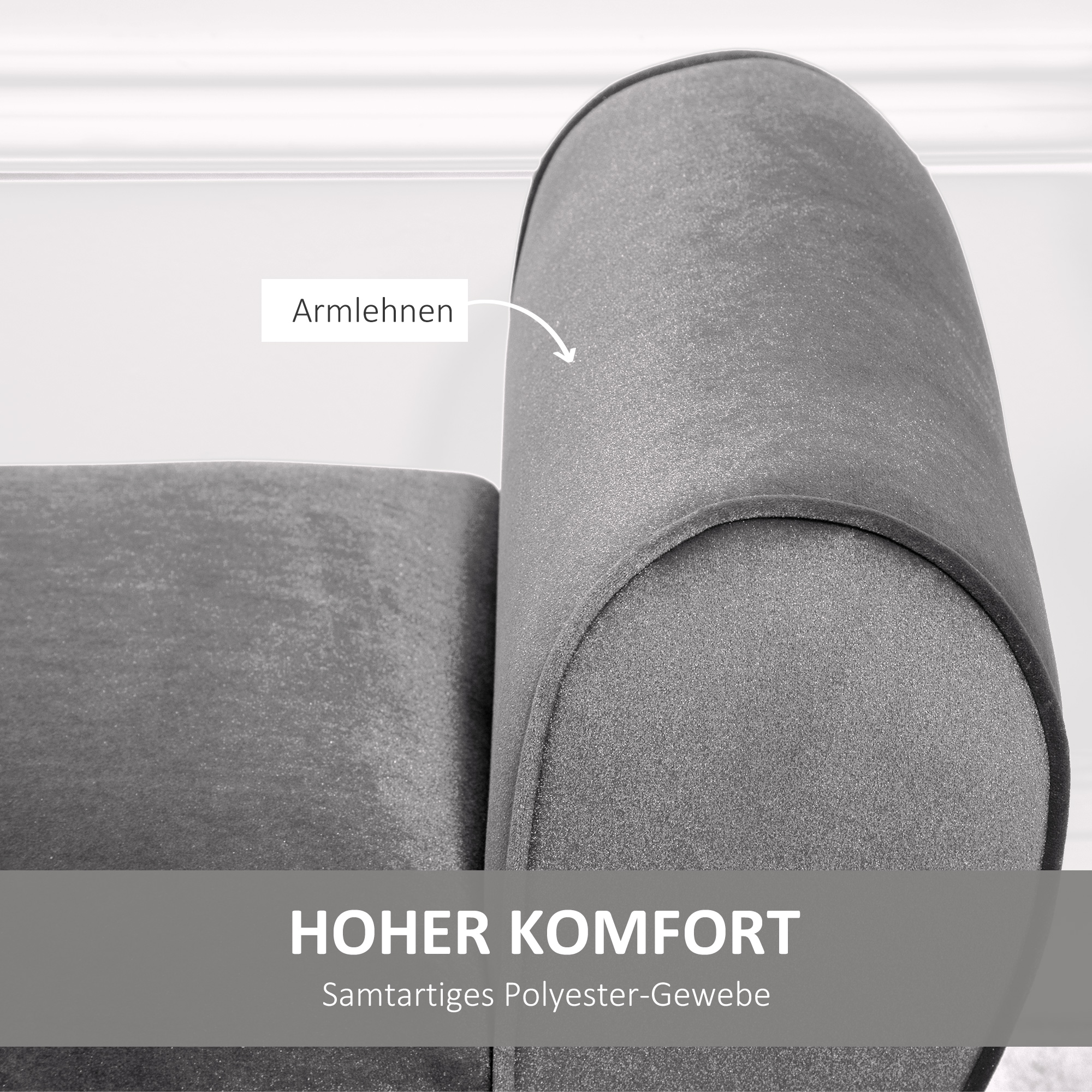 Nahaufnahme einer grauen Sofalehne mit dem Text 'Höherer Komfort'.