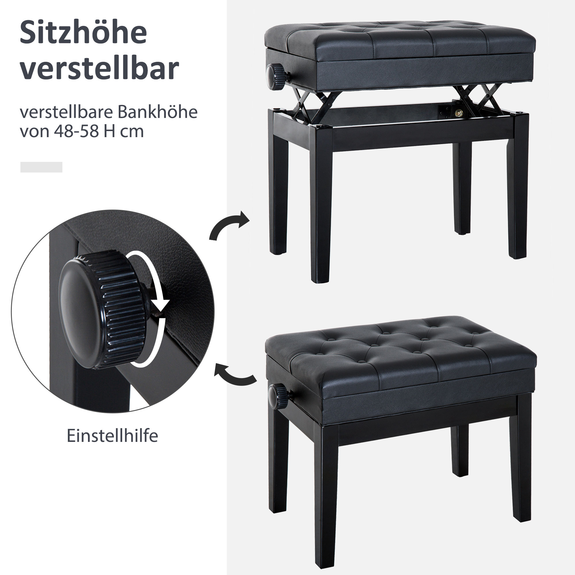 Zwei schwarze Klavierbänke. Einer ist erhöht und zeigt den Einstellknopf. Der andere ist tiefer.
