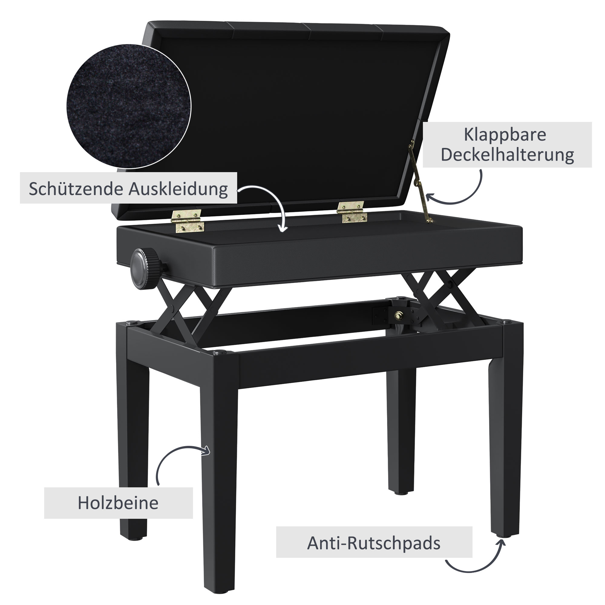 Schwarze Klavierbank mit offenem Deckel, Details wie Holzbeine und Filzfutter zeigend.