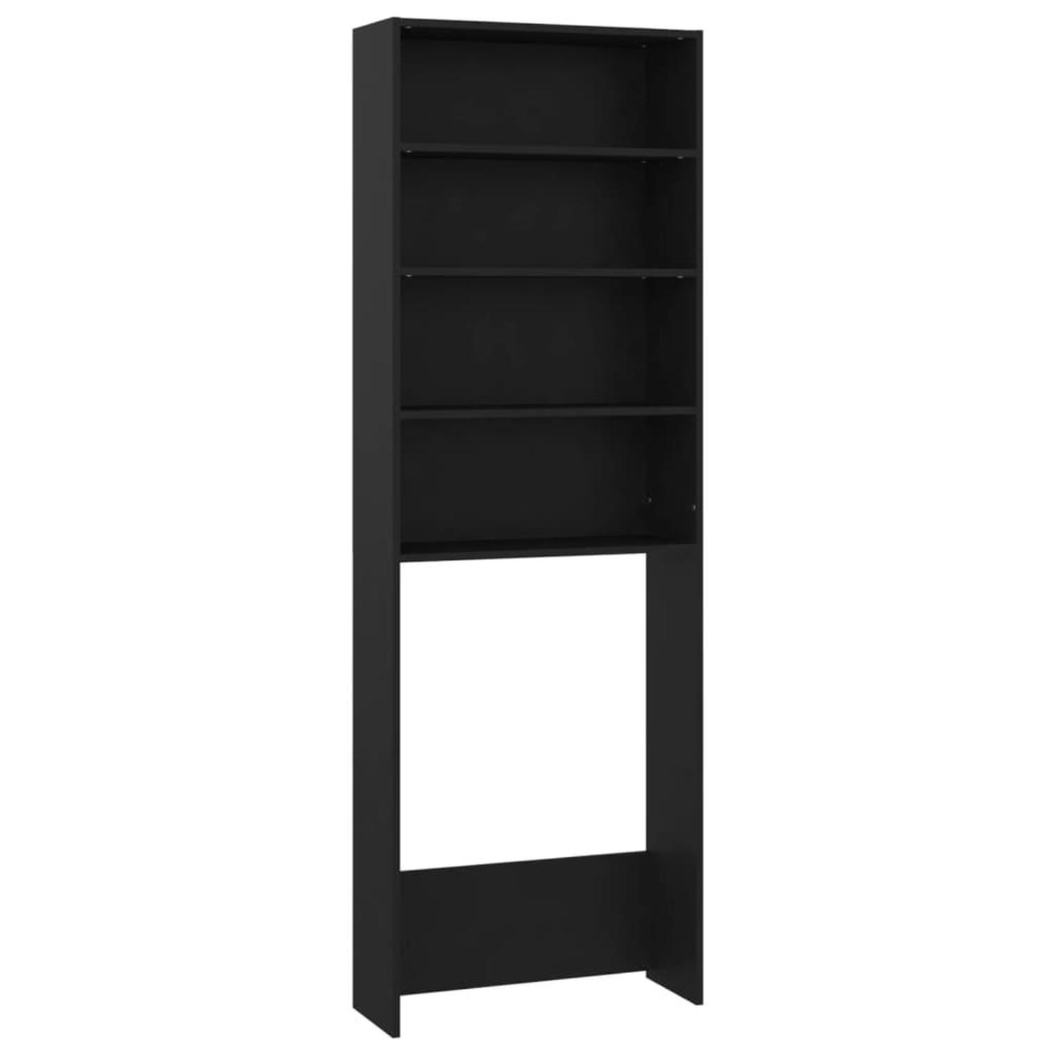 Ein hohes schwarzes Bücherregal mit Regalen und einem unteren Abschnitt.