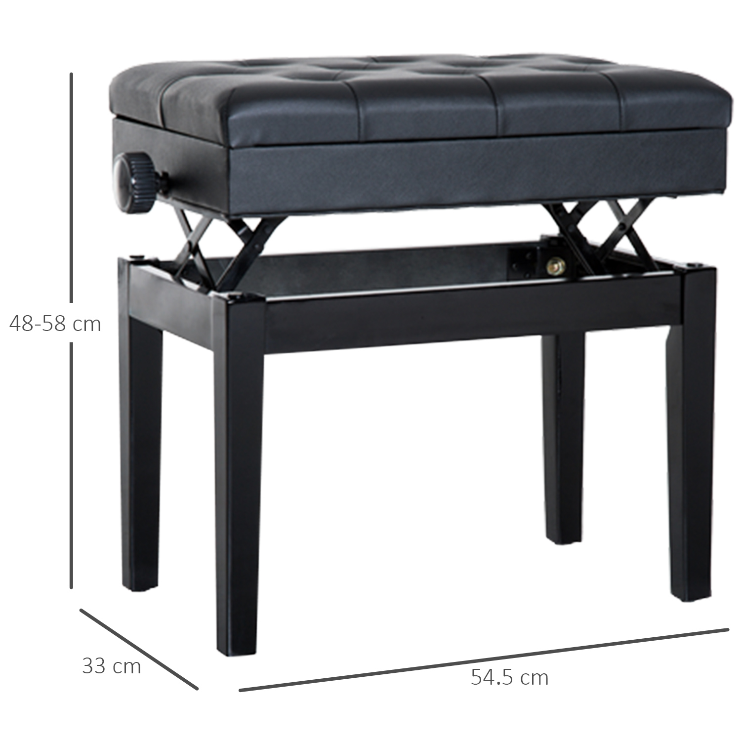 Schwarze Klavierbank, höhenverstellbar. Maße: 54,5 cm breit, 33 cm tief, 48-58 cm hoch.