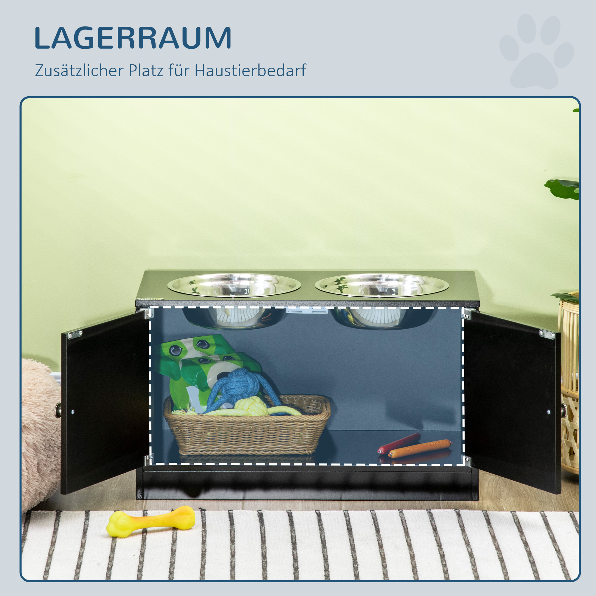 Schwarzer Aufbewahrungsschrank für Tierfutter mit zwei Edelstahlnäpfen. Grüner Wandhintergrund.