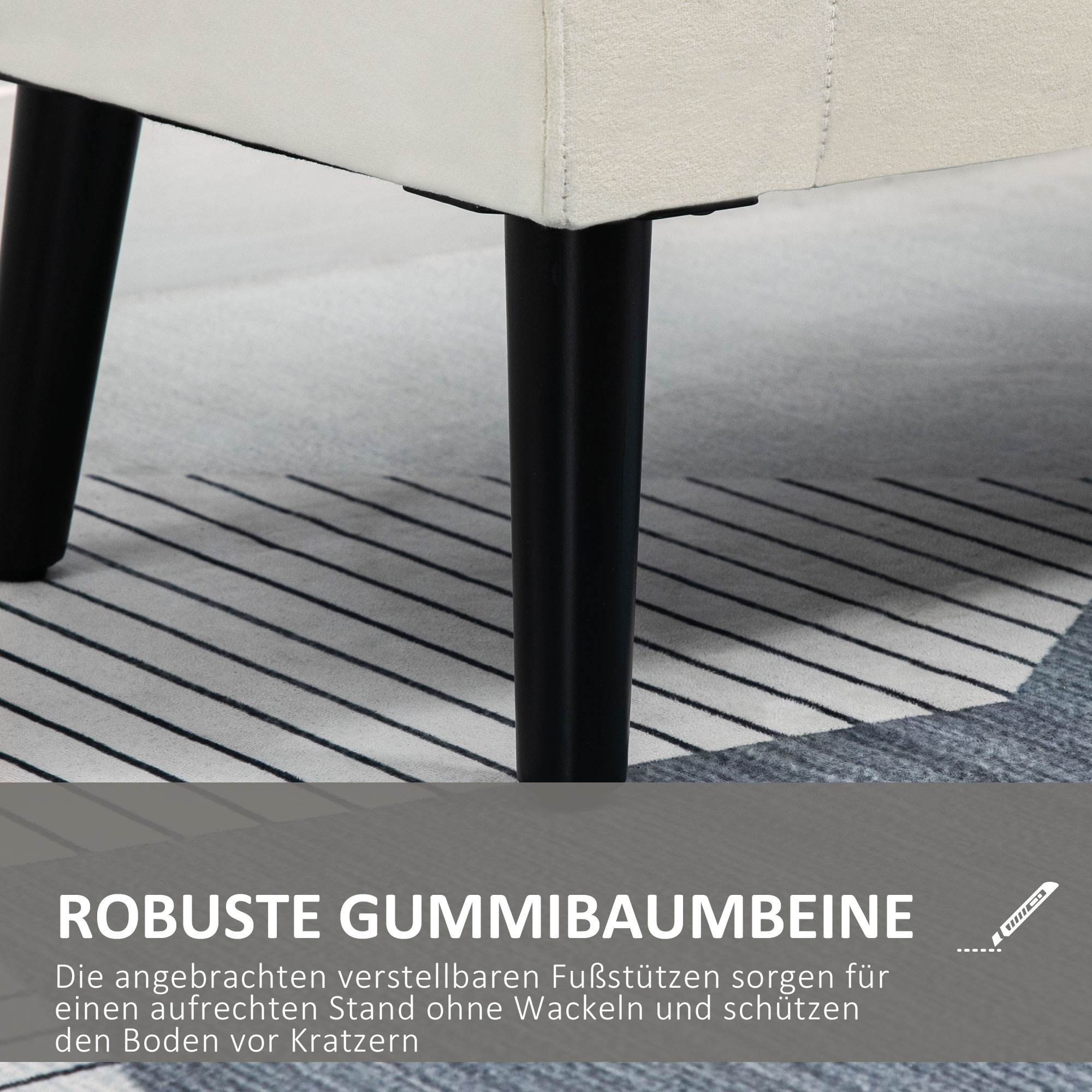 Nahaufnahme eines Stuhlbeins. Text: Robuste Gummibaumbeine. Schützt den Boden vor Kratzern.